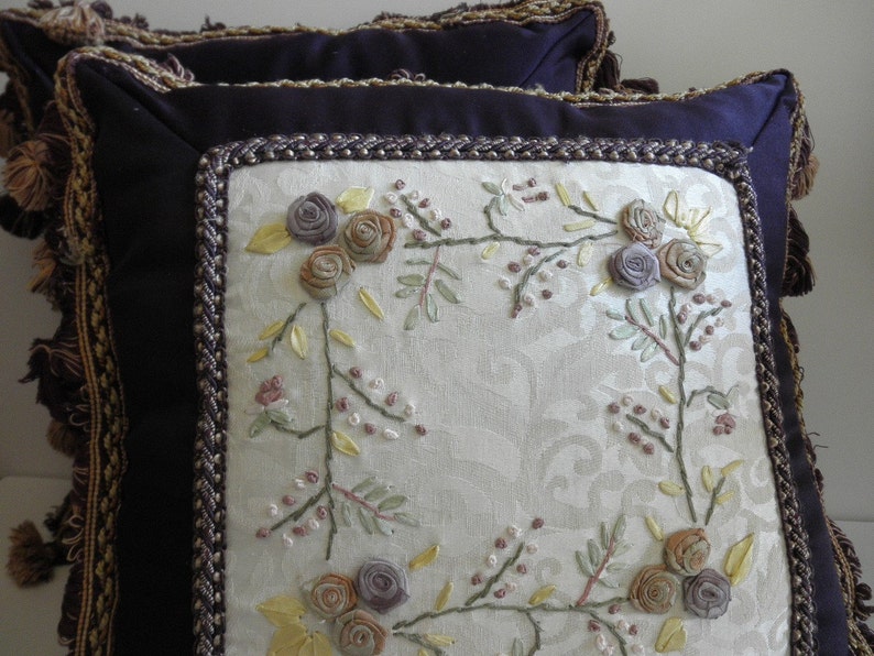 Vintage Pillow Purple Cream Silk Ribbon flowers Braided Tassels (L&T-100)
