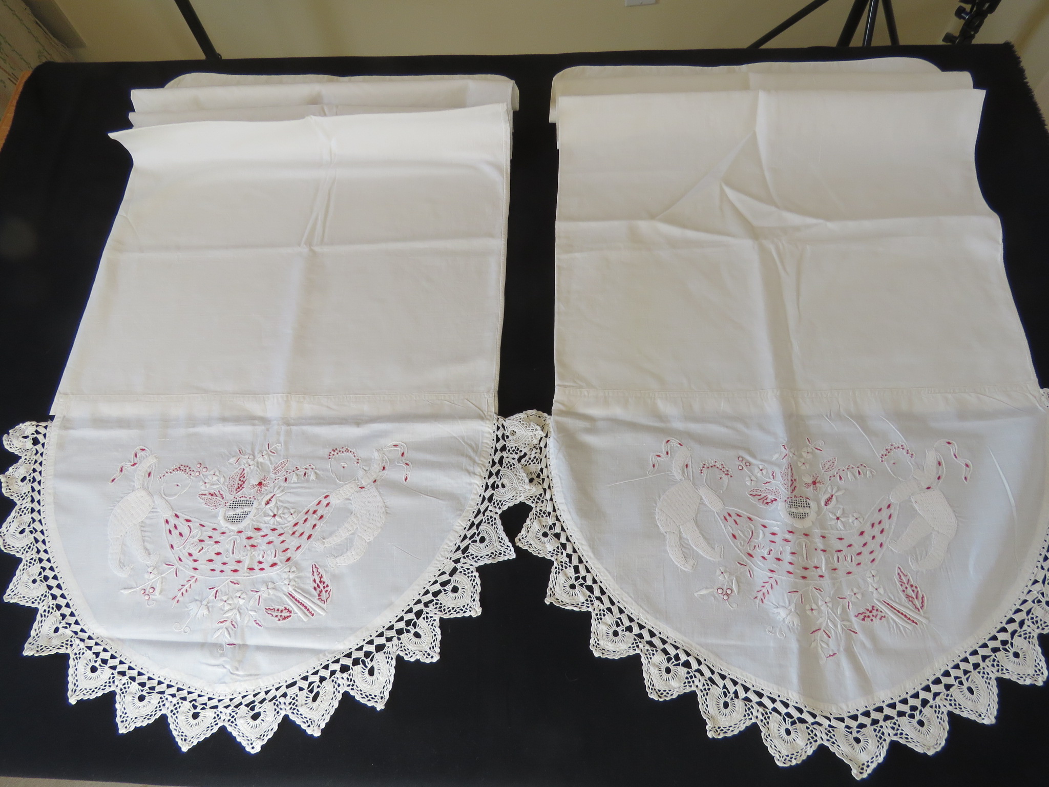 2 Antique Pillowcases Italian Hand Embroidered Cream Buon Riposo Embroidery  (L&T-120)