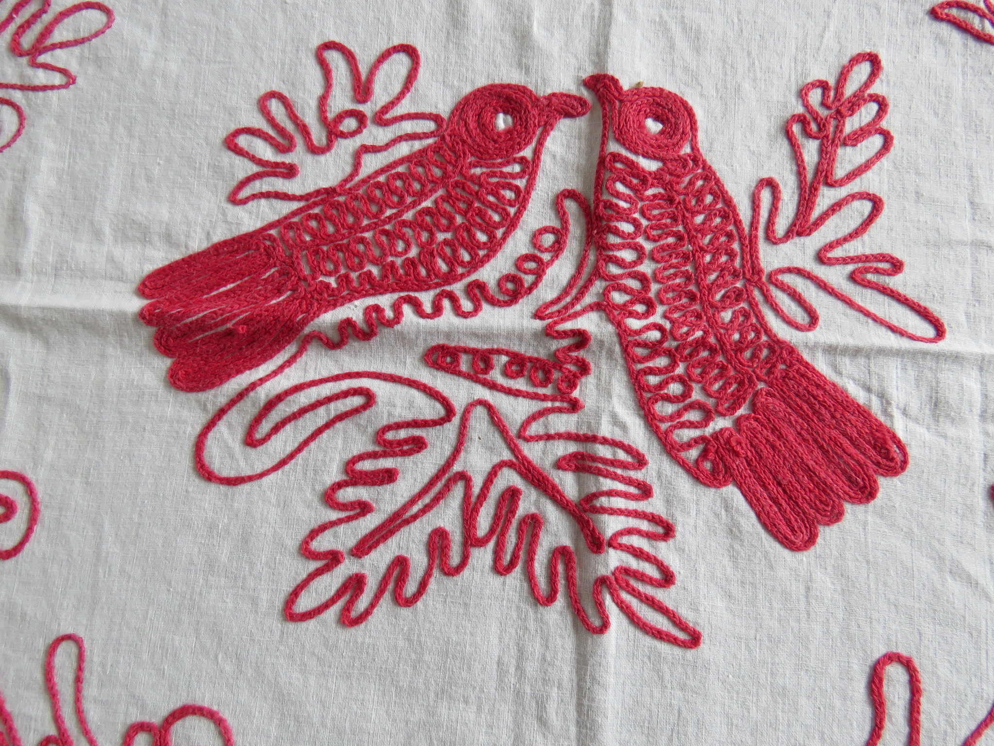 Antique Vintage Pillow Sham Layover Embroidered Lovebirds Red Embroidery Linen  (L&T-122)