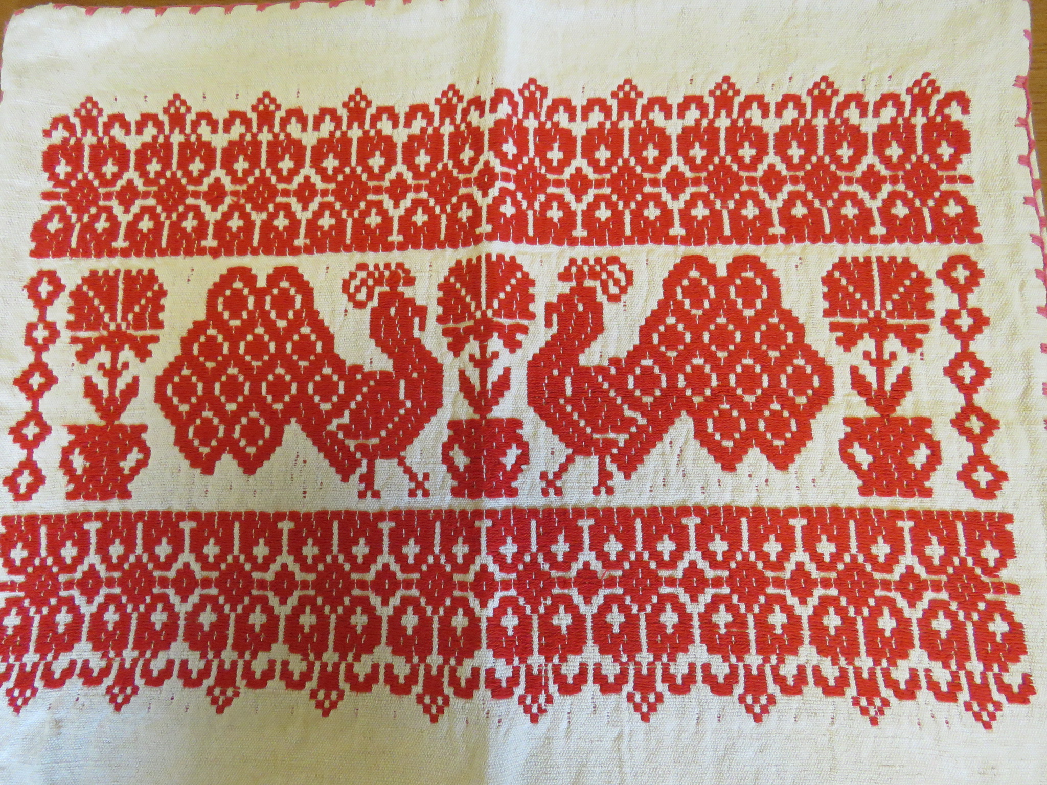 Vintage Pillow Case Embroidered Hungarian Transylvanian Folk Art White Red Birds (L&T-155)