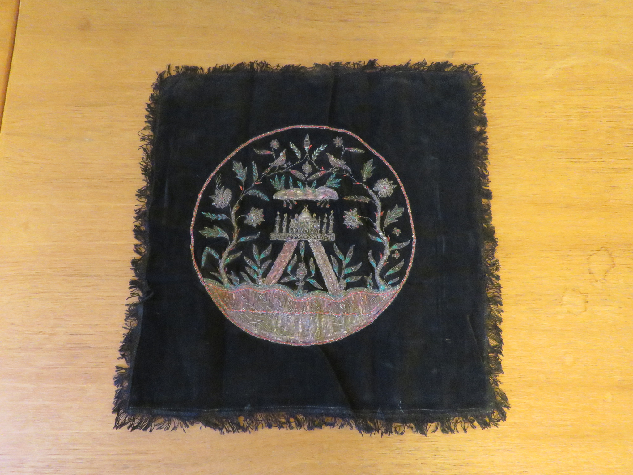 Antique Zardozi Pillow Cover Taj Mahal Silver Bronze Metal Velvet Wall Decor (L&T-171)