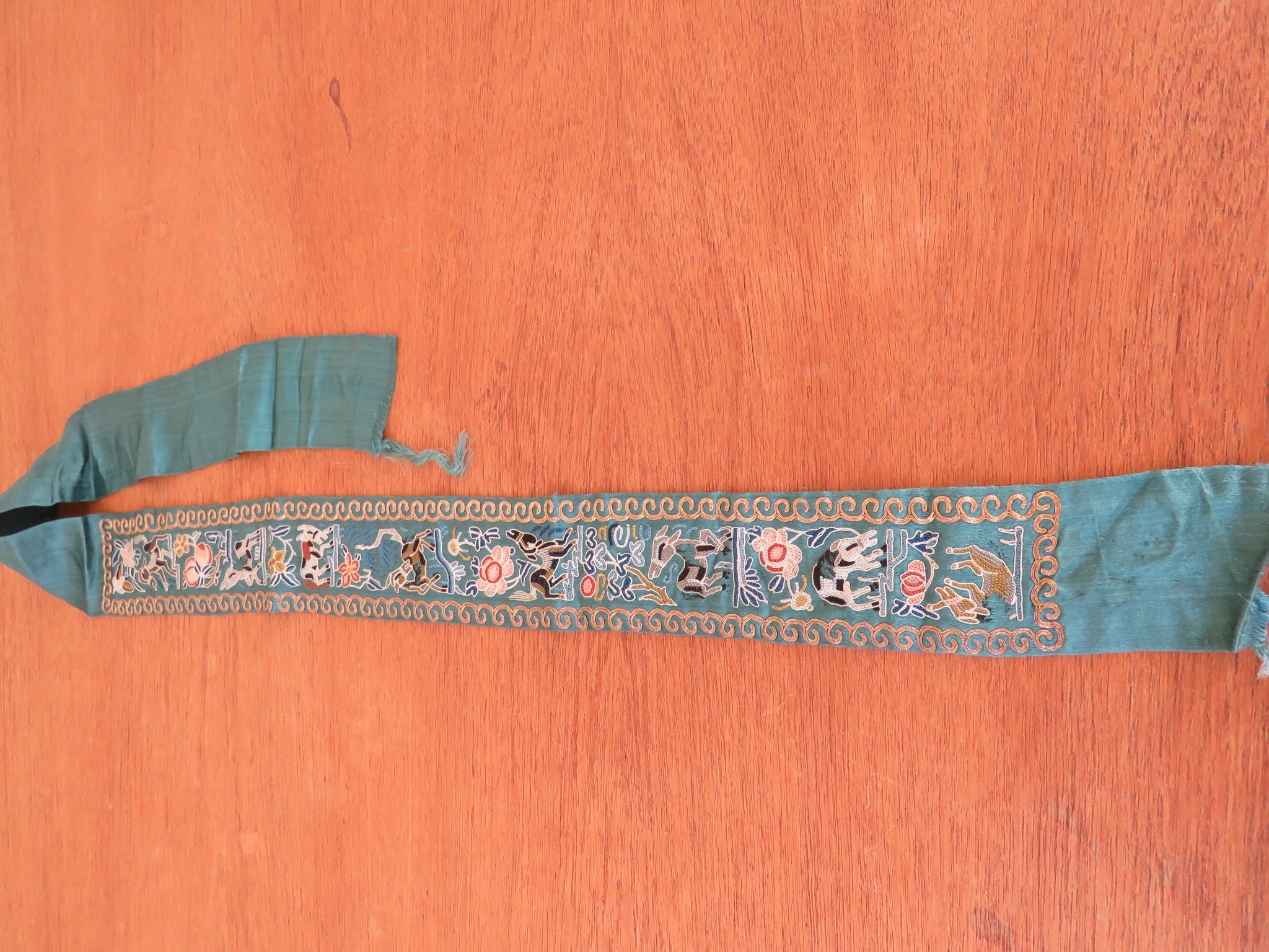 Antique Chinese Sleeve Band Silk Hand Embroidered Panel Animals Horses Donkey Qing (L&T-176)