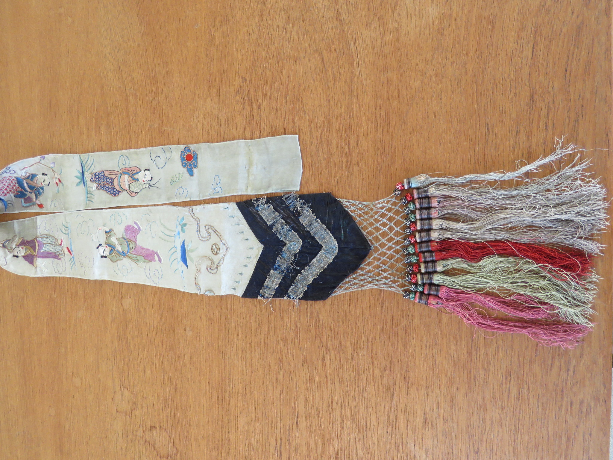Antique Chinese Silk Embroidered Sash Panel Tassels Men Figures Mandarin 1920's (L&T-178)
