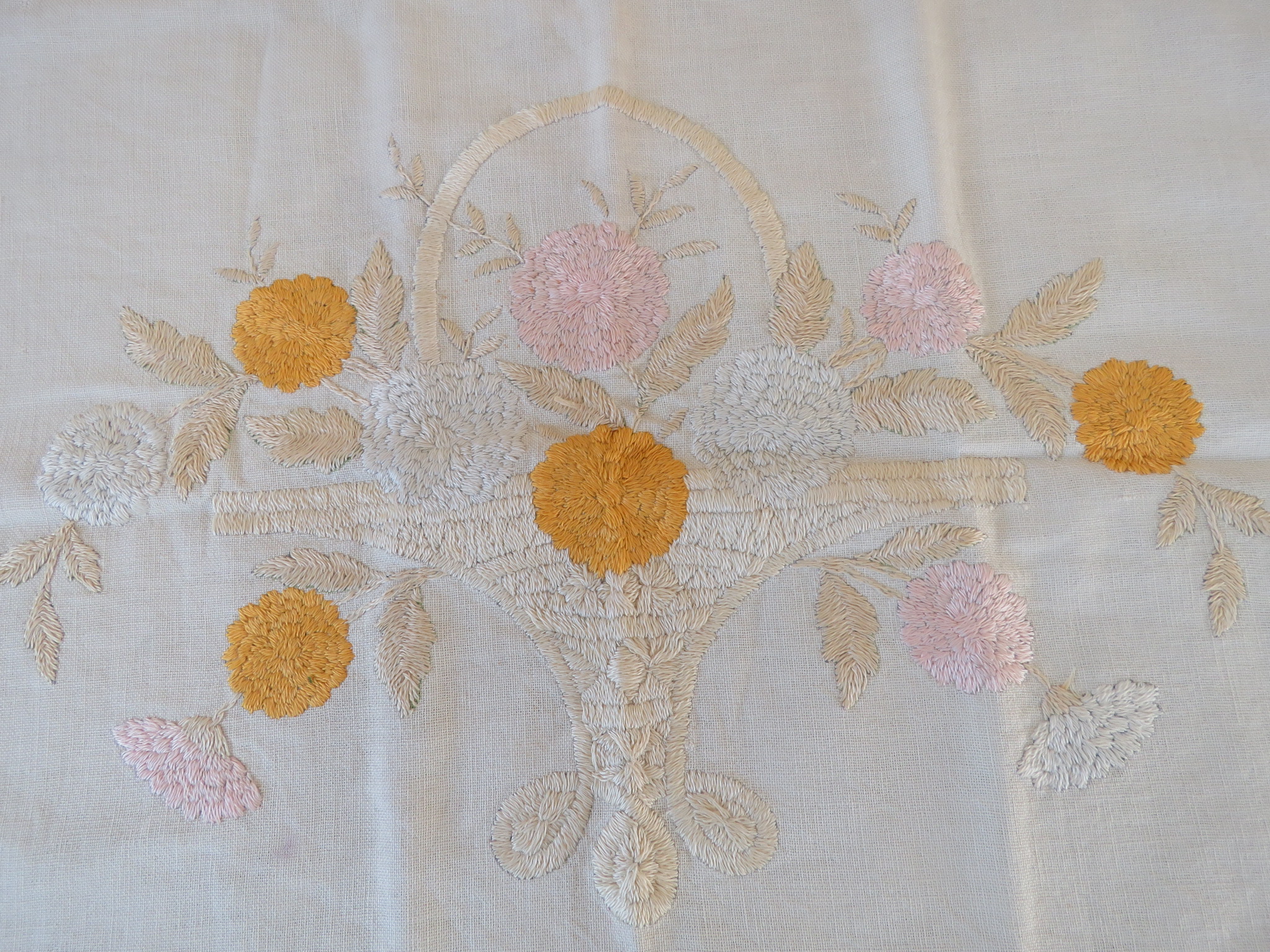 Antique Pillow Cover Hand Embroidered Art Nouveau Basket and Flower Motif  (L&T-201)