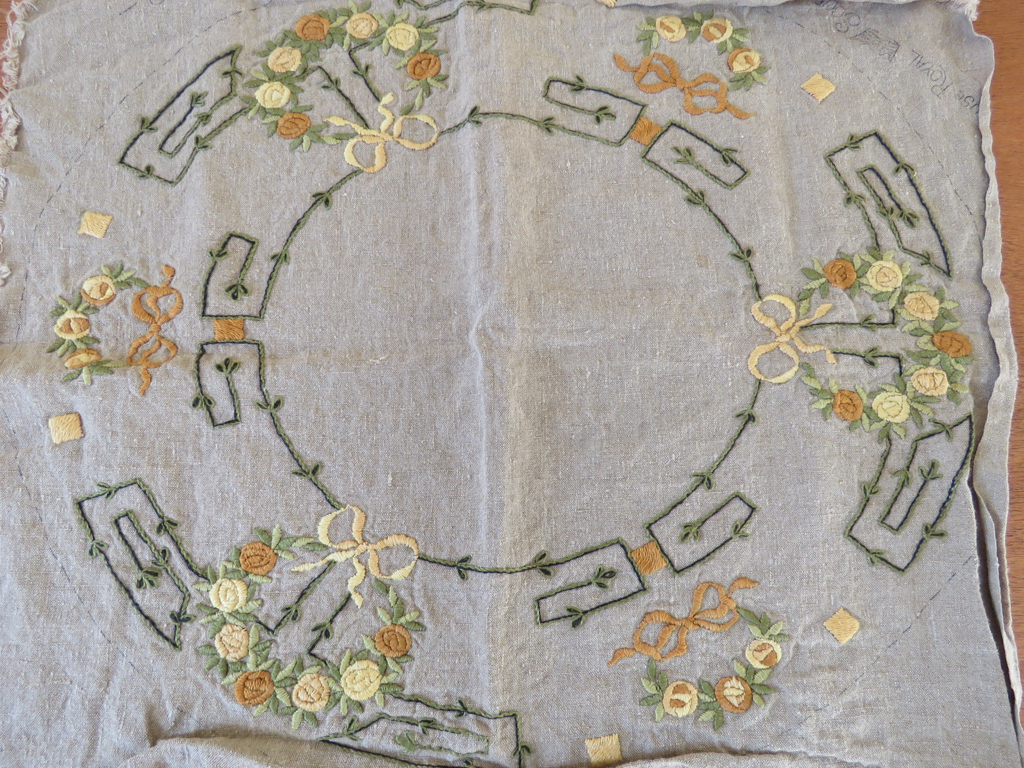Vintage Pillow Top Hand Embroidered Flowers Royal Society Taupe (L&T-207)