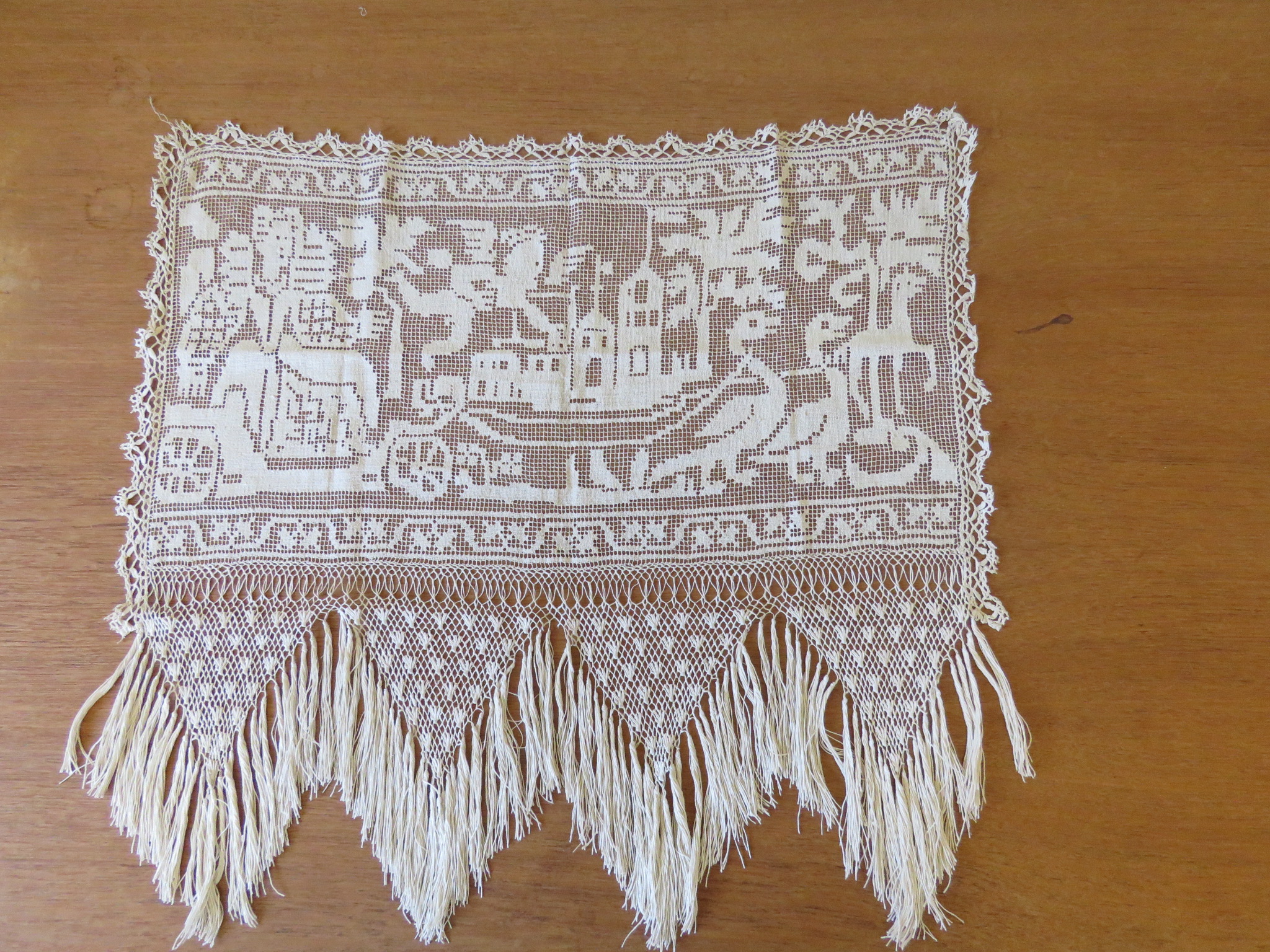 Antique Net Lace Table Tapestry Panel Figural Mythical   (L&T-211)