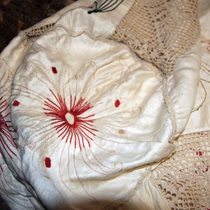 Antique 1900's Hand Embroidered Bolster Pillow Sham Cover Crochet Lace Trim  (L&T-219)