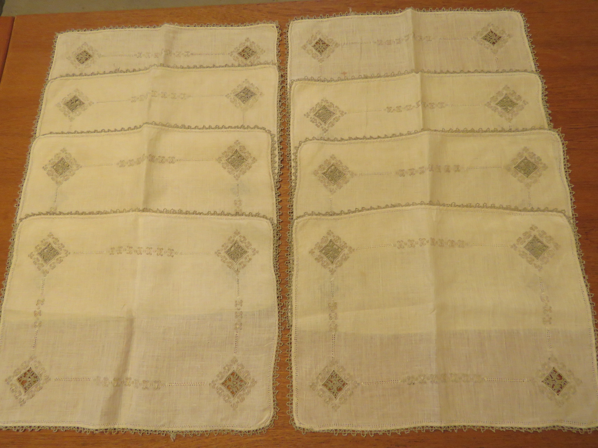 Vintage Italian Linen Placemat Set 8 pc Reticella Punto Antico Embroidered Taupe (L&T-250)