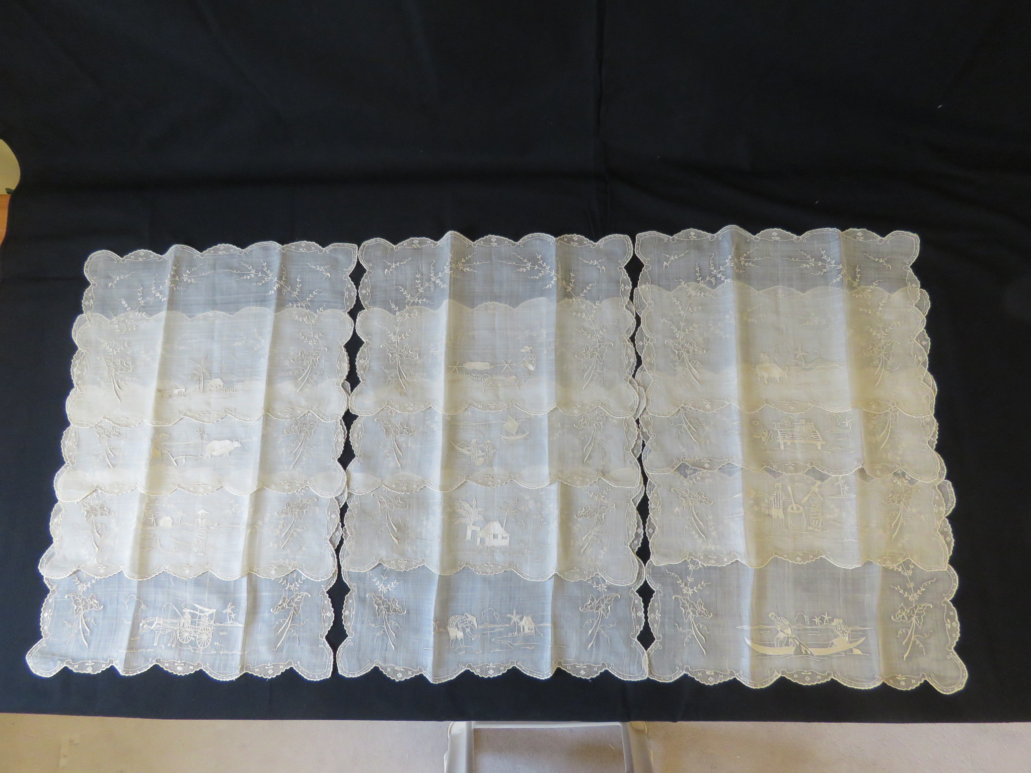 Rare Vintage Sheer Pia Hand Embroidered Placemats Set 12 Unique Different Scene (L&T-280)