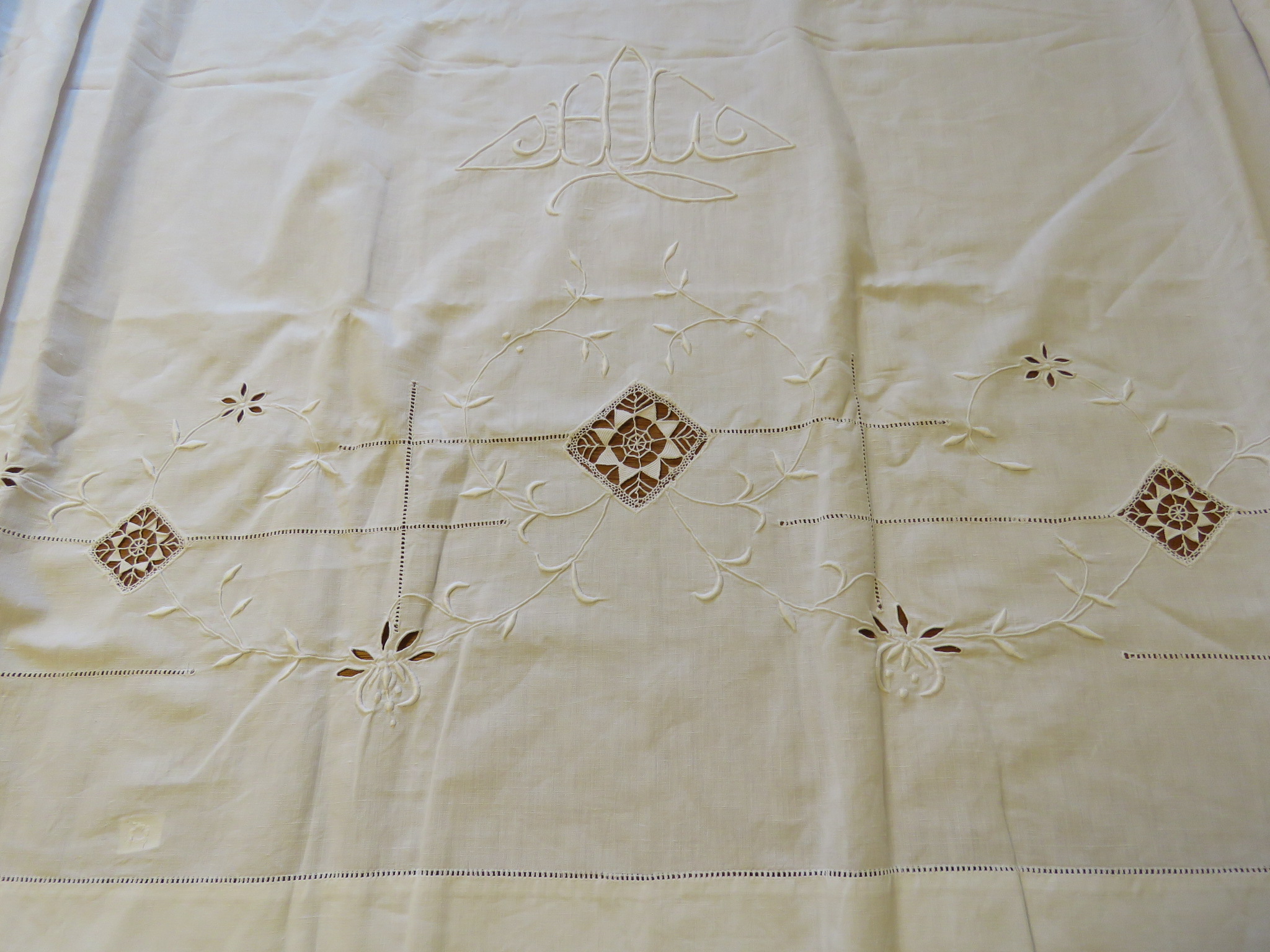 Antique French Sheet Linen White Needlelace Hand Embroidered Monogram HL Art Deco (L&T-283)