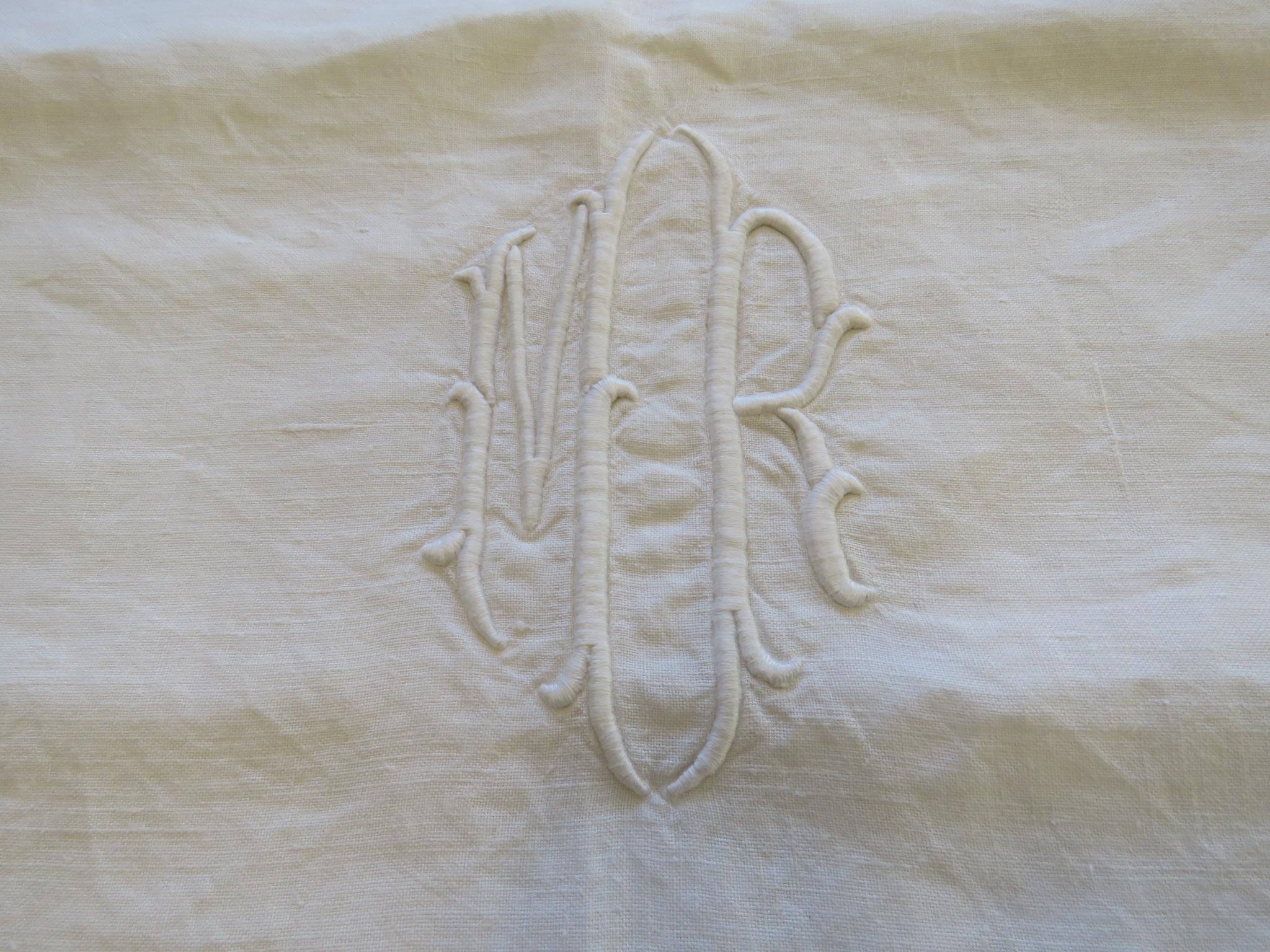 Antique French Sheet White Linen Art Deco Monogram MR Padded Embroidered Design (L&T-286)