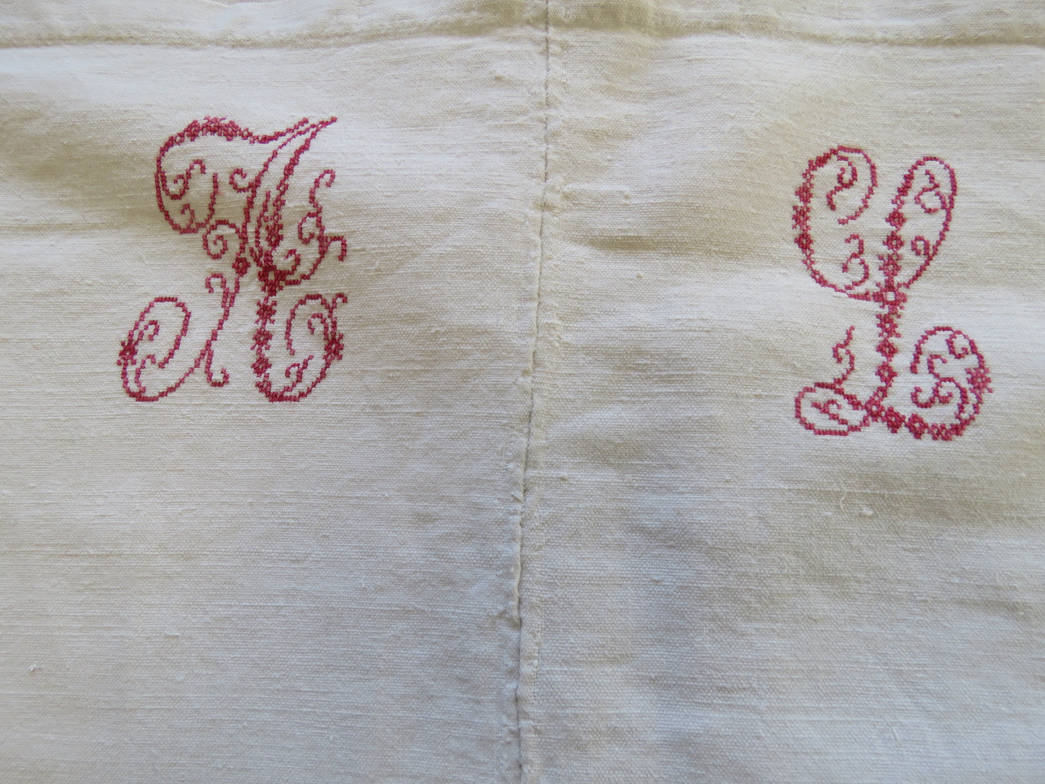 Antique French Linen Sheet Center Seam Embroidered Monogram A L Twin  (L&T-291)