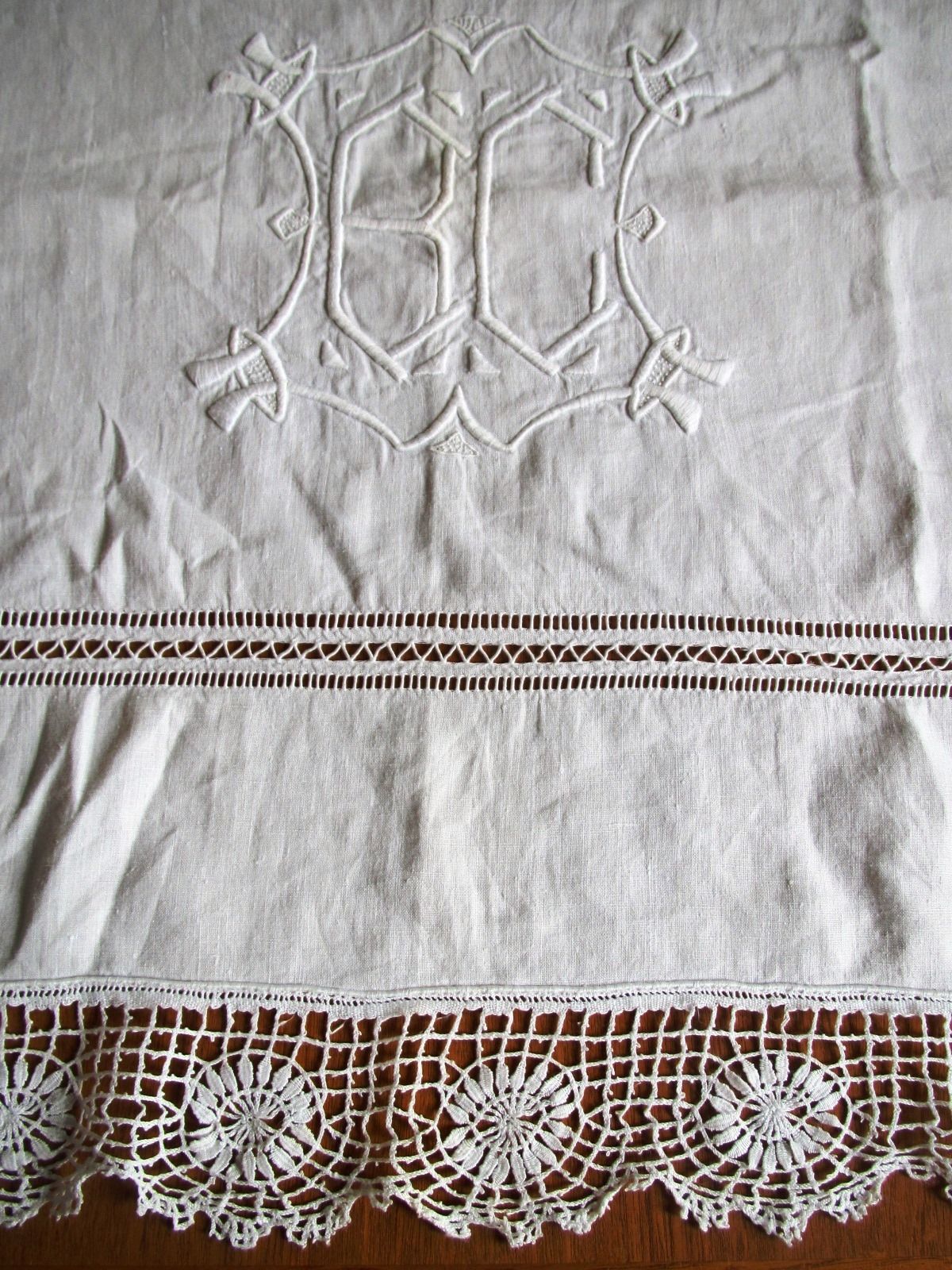 Antique French Sheet Linen Embroidered Lace Edging Monogram B C 94" (L&T-298)