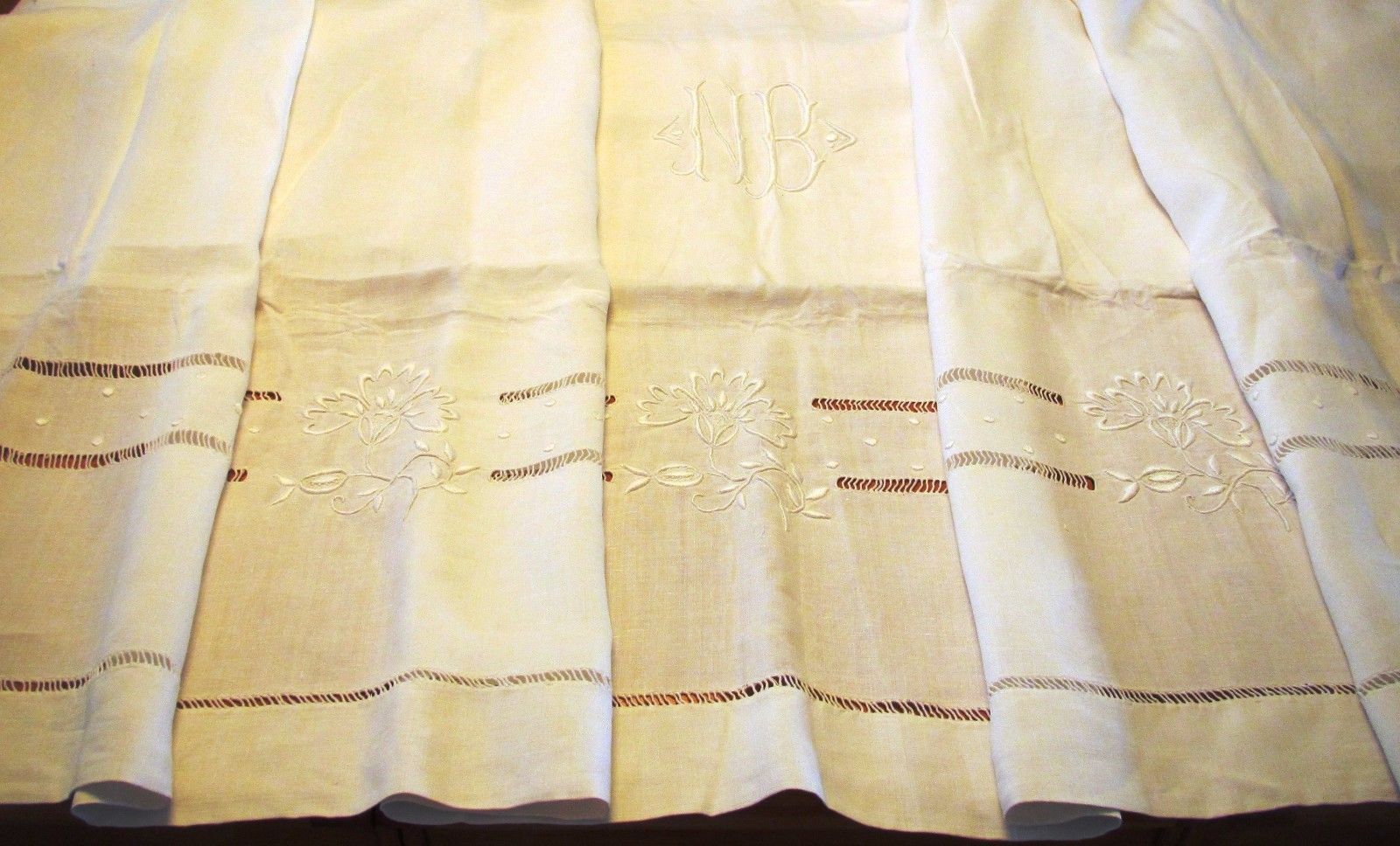 Antique French Linen Dowry Sheet Hand Embroidered Flowers Monogram N B Linen  (L&T-300)