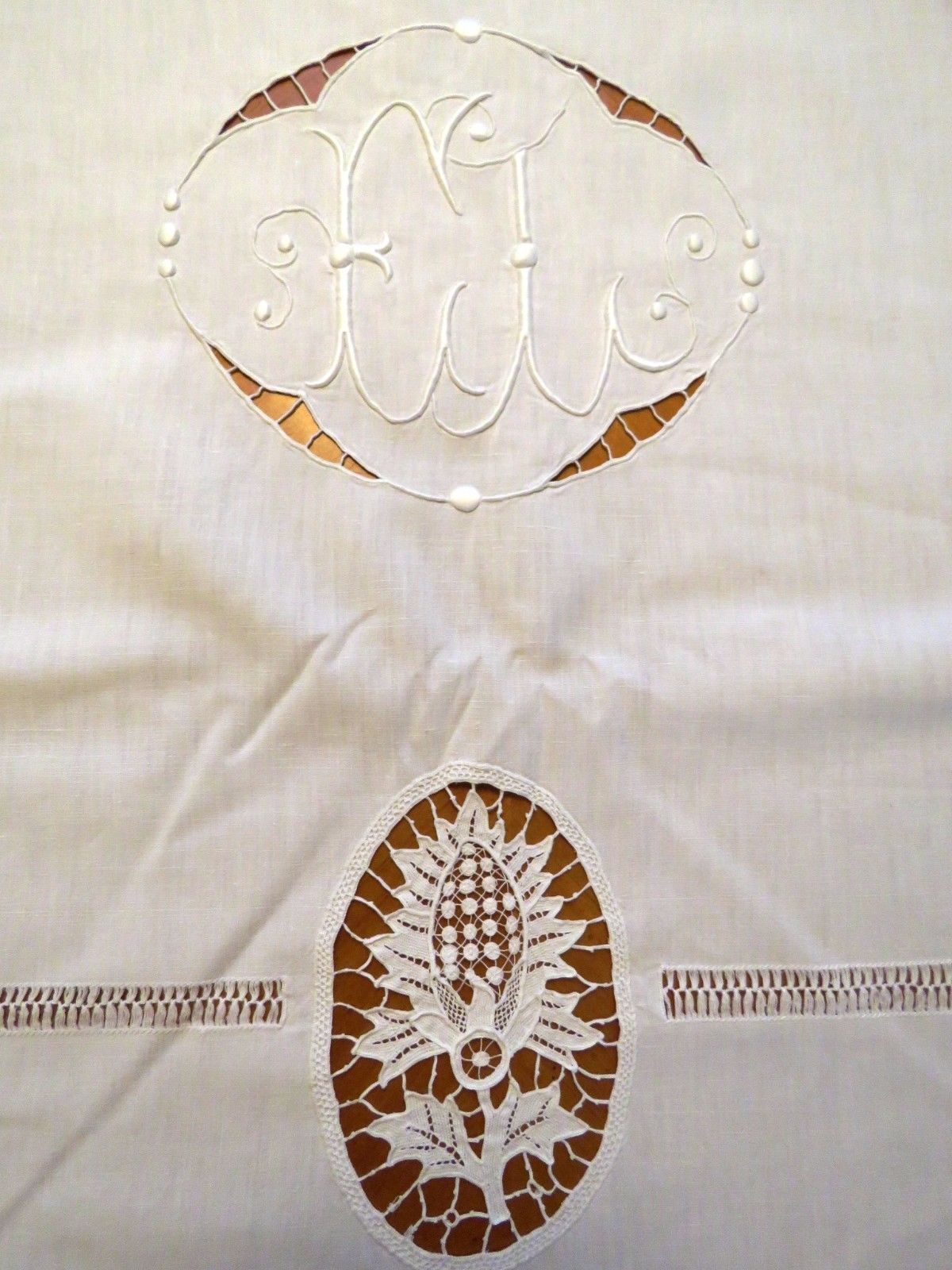 Antique French Sheet White Bedsheet Cotton Linen Metis Needle Lace Monogram E L (L&T-302)
