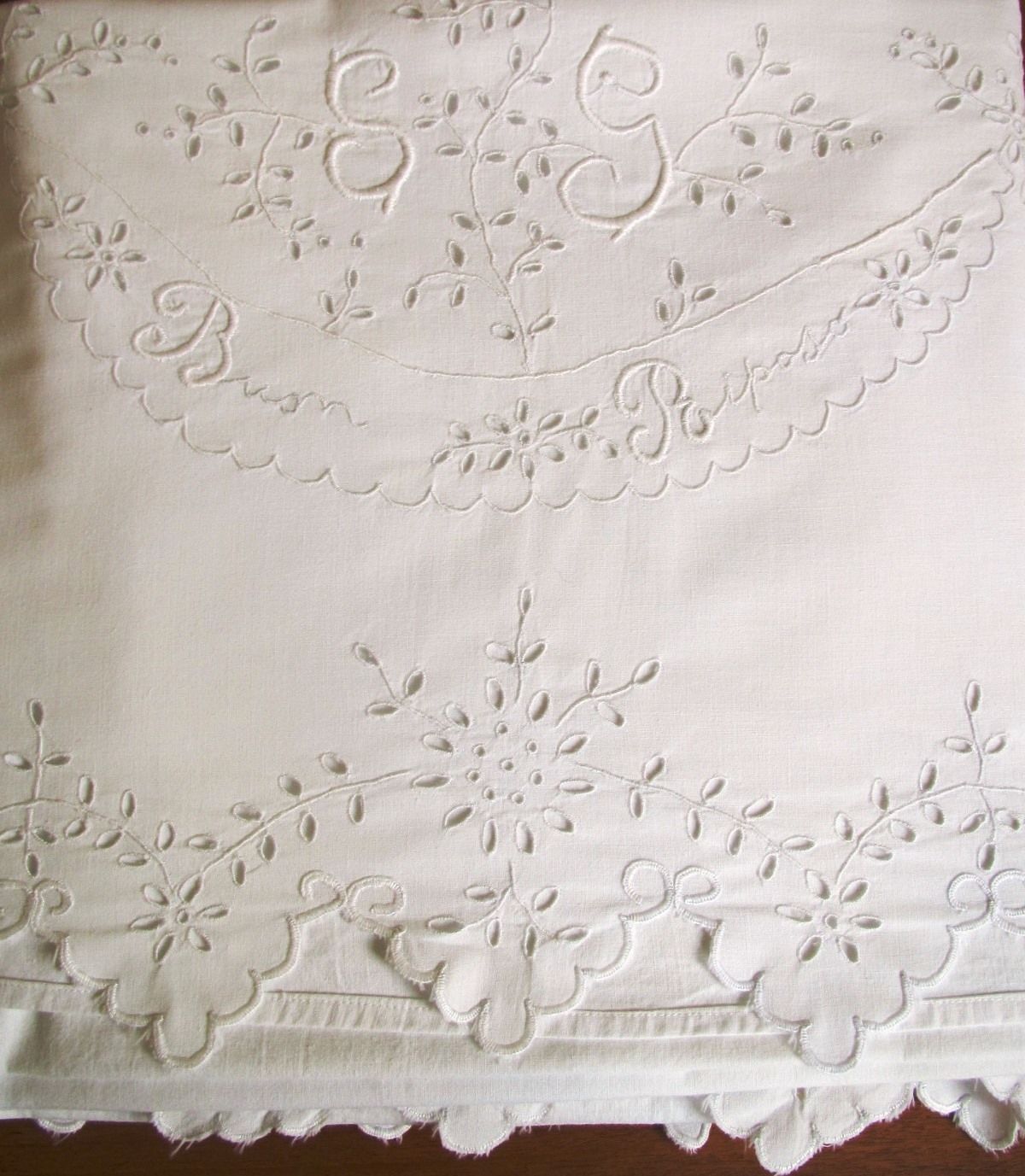 Antique Italian Sheet Embroidered Cutwork White Buon Riposo Cotton Bedsheet (L&T-312)