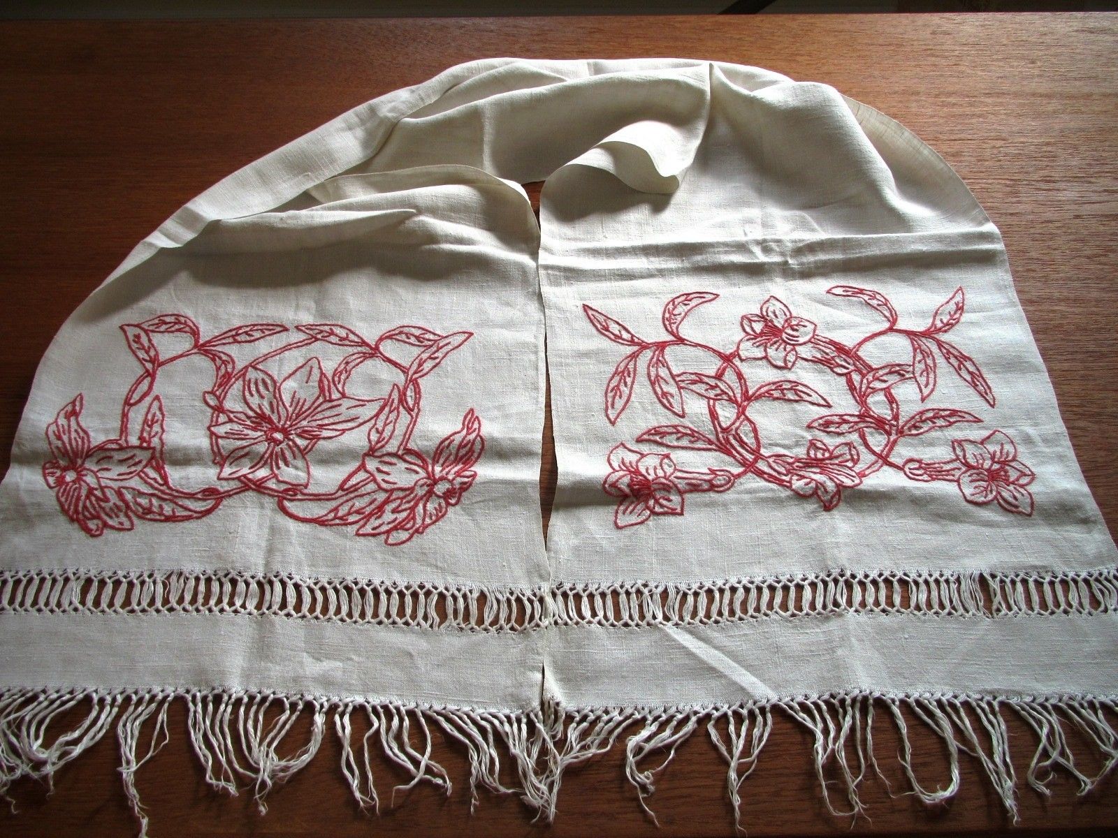 Antique Linen Table Runner Buffet Dresser Scarf Hand Embroidered Redwork (L&T-348)