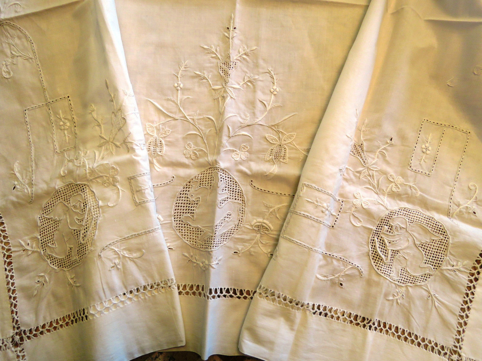 Antique Pillow Cover Layover Sham Embroidered Figural Angel Dragon Cotton Cream (L&T-355)