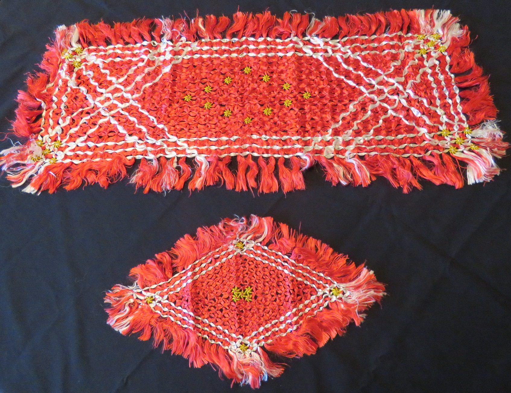 Antique Table Runner Doily Set Victorian Red Silk Fringe Handmade  (L&T-362)