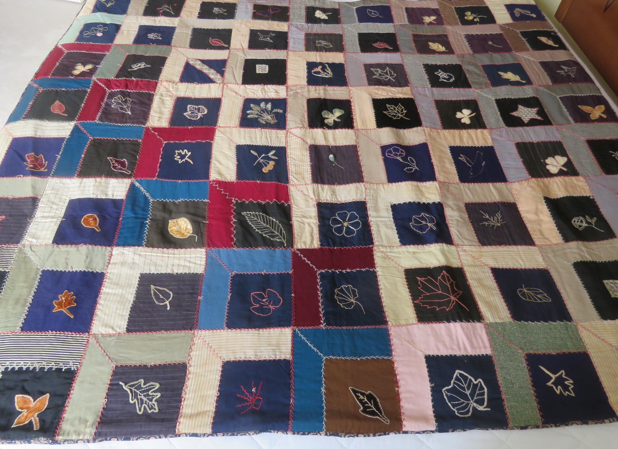 Antique Wool Cotton Folk Art Embroidered Quilt  68" x 87" Steps Blocks Pattern (L&T-514)