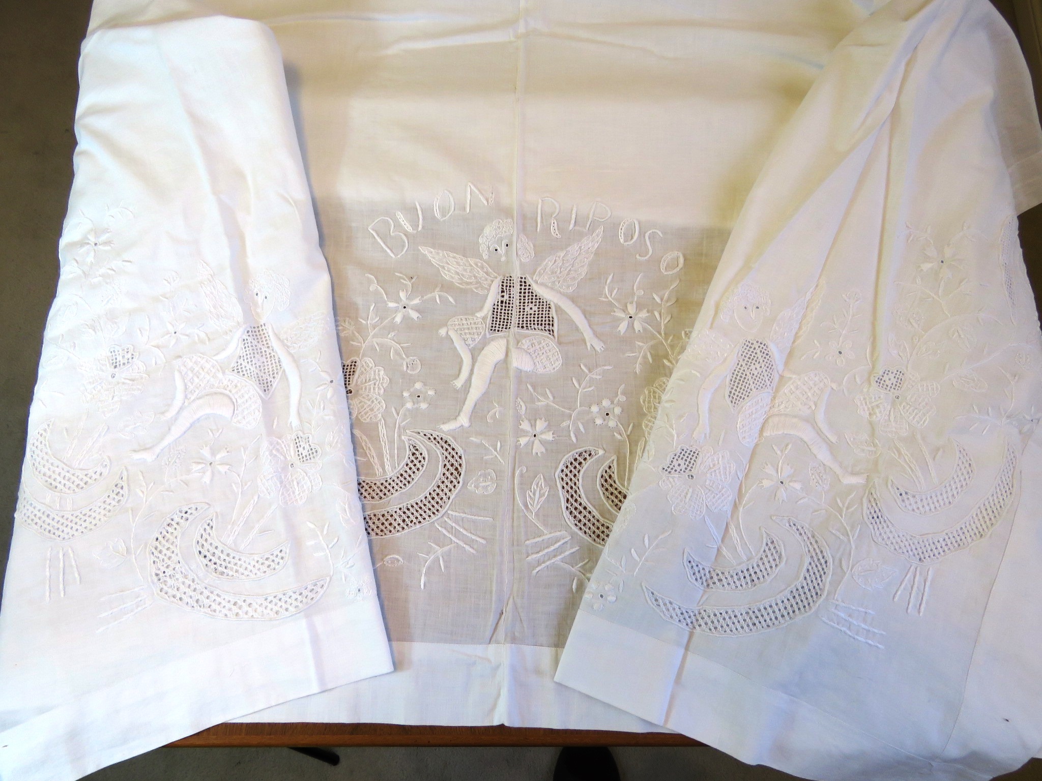Antique Italian Cotton Sheet Hand Embroidered Angels Cherubs Whitework Italian words Buon Riposo (L&T-519)