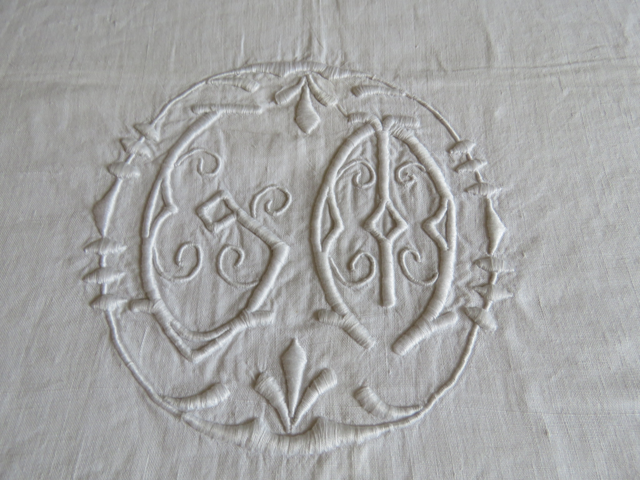 Antique French Linen Bed Sheet Hand Embroidered Art Deco E M Monogram (L&T-551)
