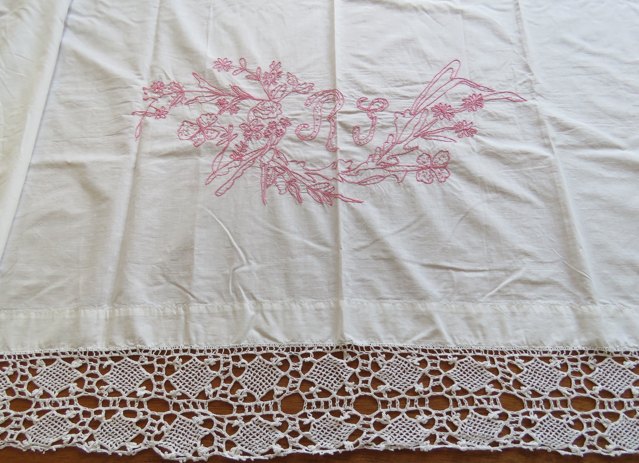 Antique Vintage Cotton Embroidered Pillow Layover Sham Pink Flowers R G Monogram (L&T-563)