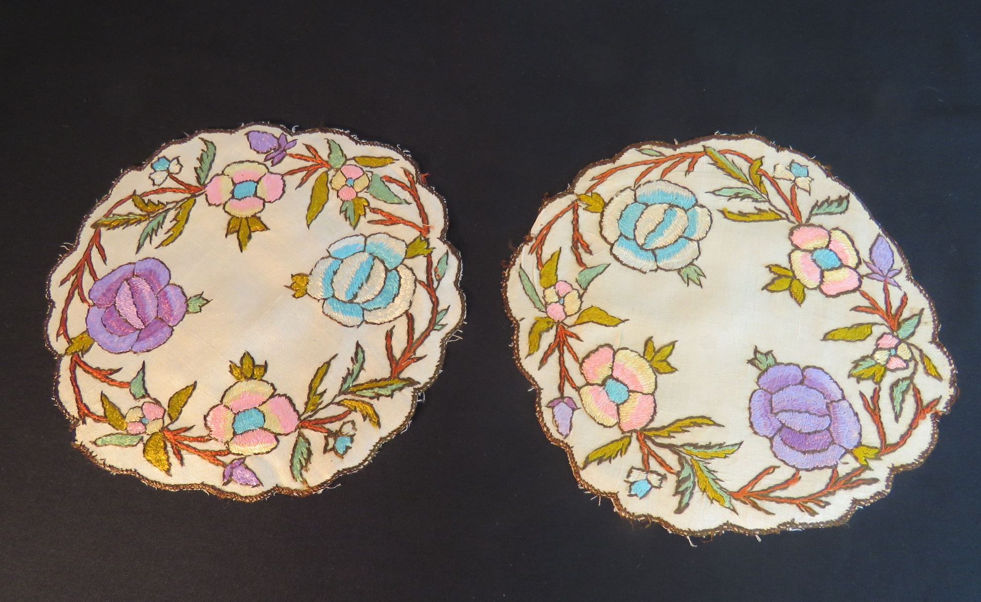 Antique Silk Kashmir Ottoman Turkish Embroidery 2 pc Table Doily Set (L&T-674)