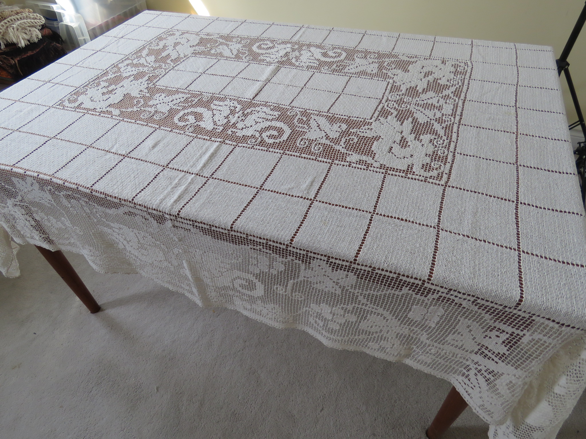 Antique Vintage Tablecloth Cream Cotton Net Filet Knotted Lace 70" x 56" As Is (L&T-86)
