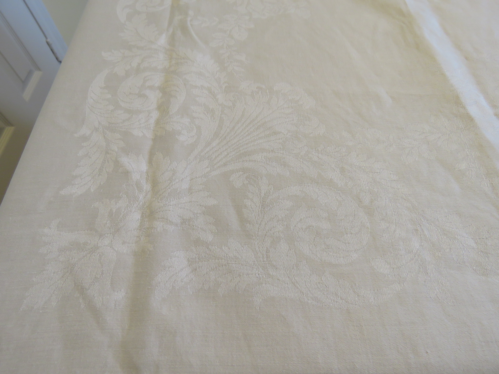 Linen Damask Tablecloth Cream Art Nouveau Roses Urn 78" x 61" Antique Vintage (L&T-87)