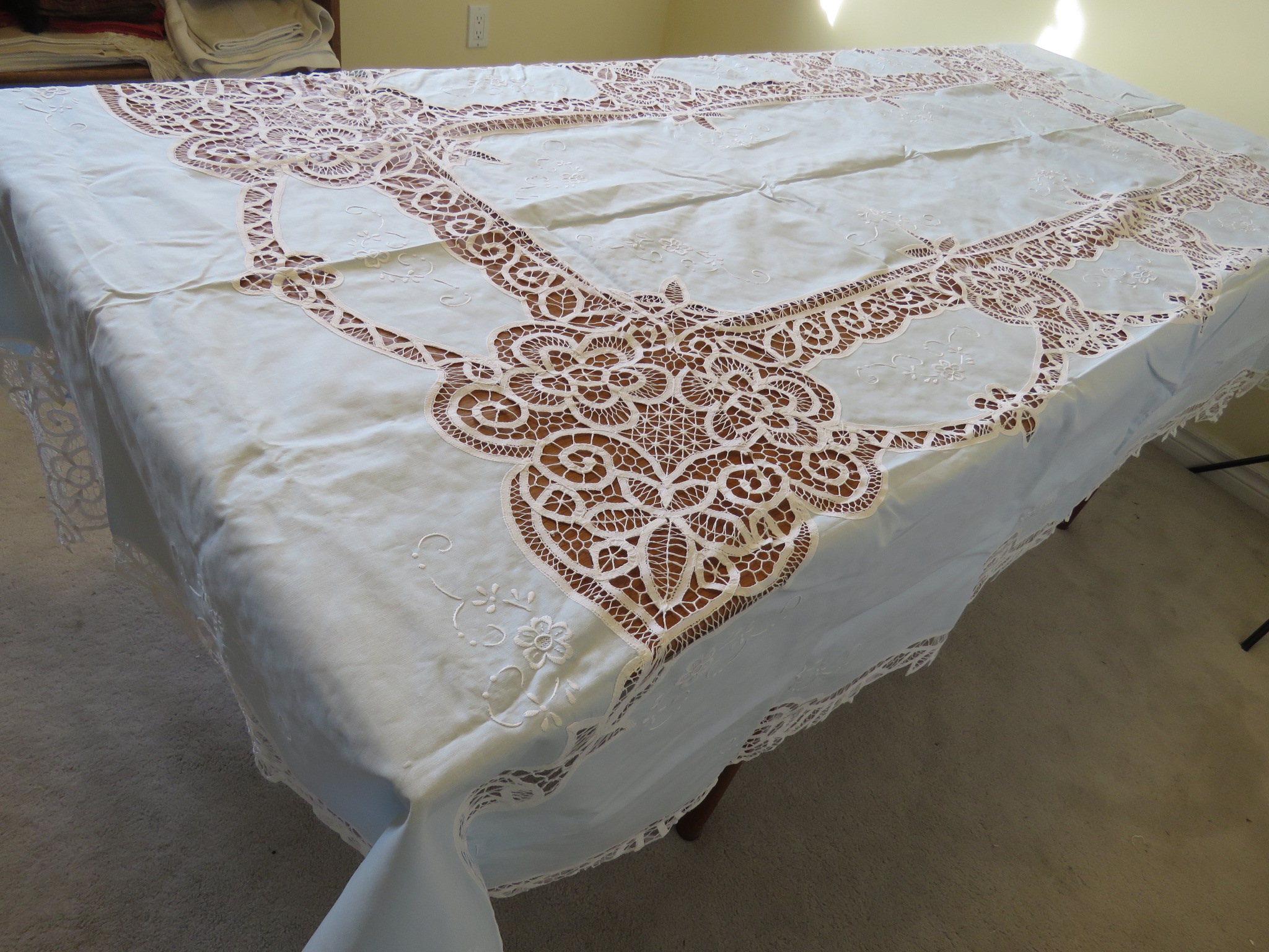 Vintage Cotton Blue Tablecloth 12 Napkins Set White Battenburg Lace 99" x 63"  (L&T-93)