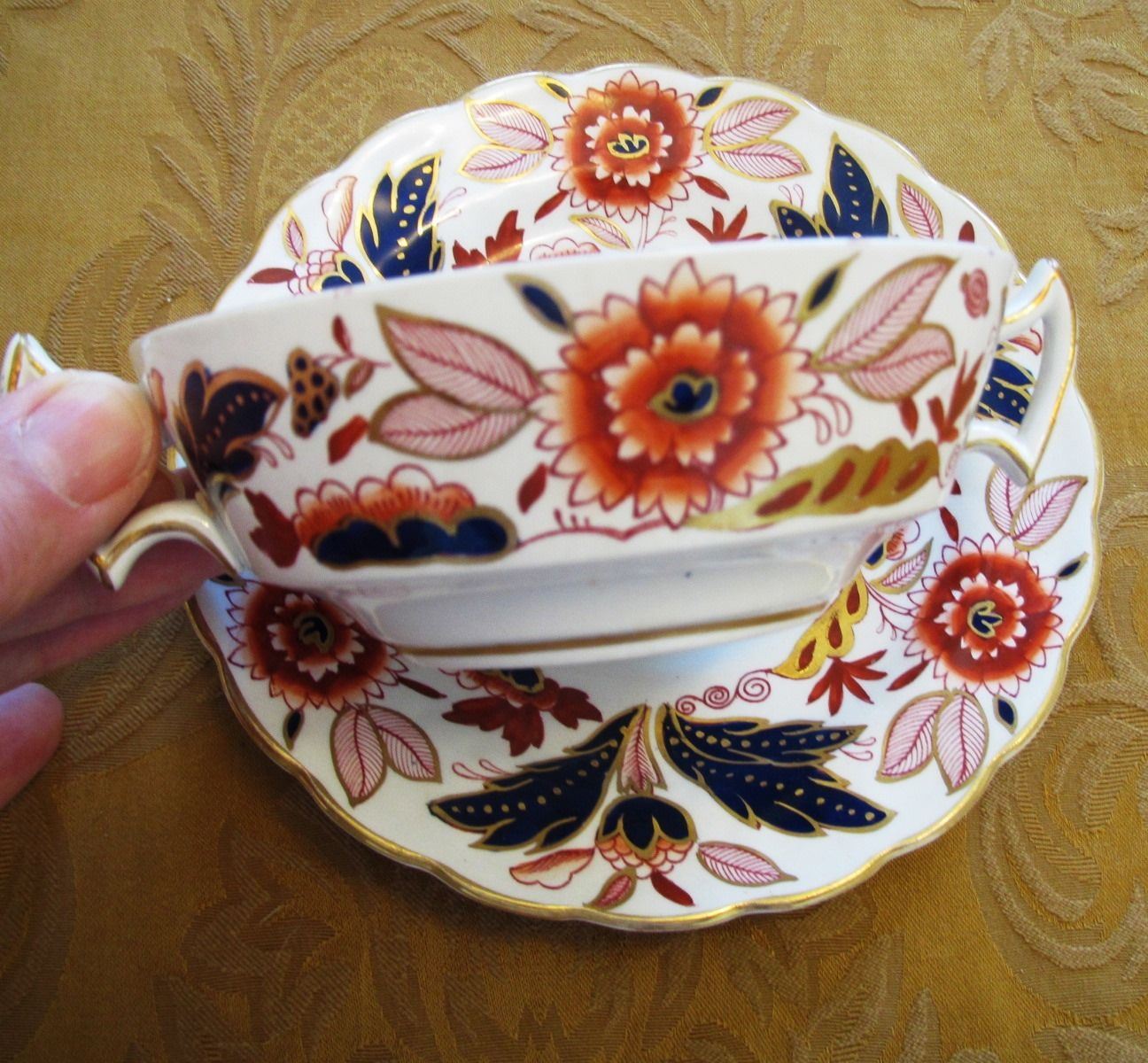 Antique Booths Dovedale Flat Cream Soup Bowl Double Handles Saucer Set  A8044 Gold Gilt Rust Blue (POT-205)