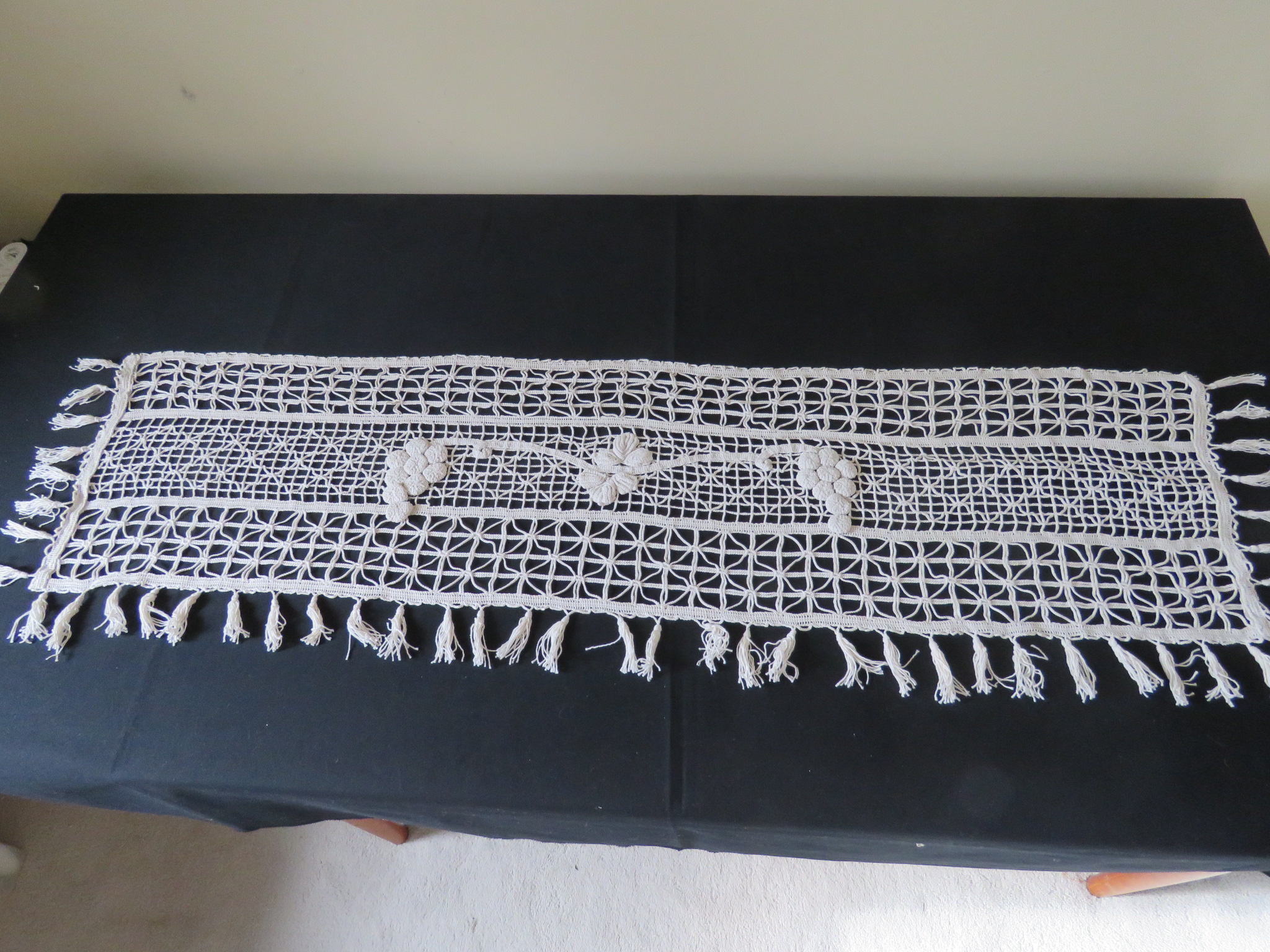 Antique French Lace Runner Crochet Grapes Tassels White Handmade Window Valance  (L&T-109)