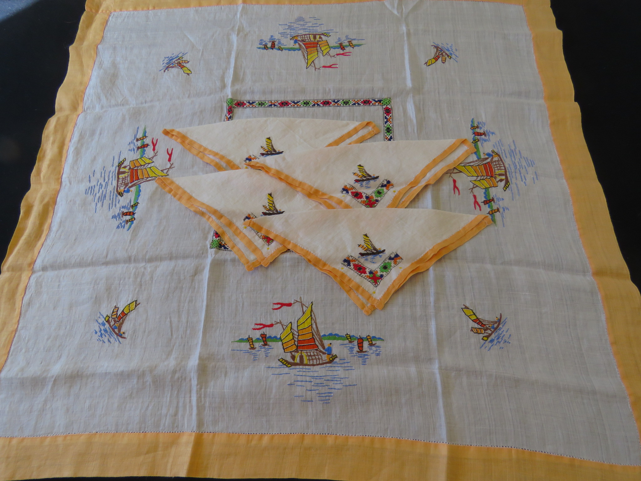 Vintage Luncheon Tablecloth Napkin Set Hand Embroidered Oriental Asian Boats Motif (L&T-110)