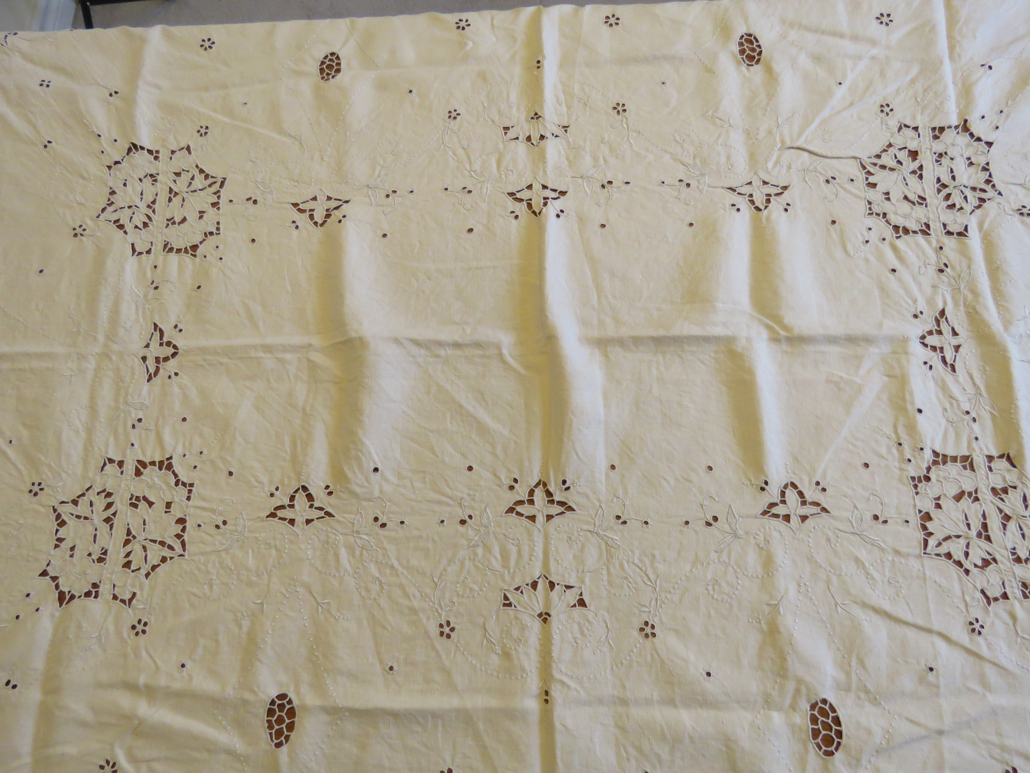 Antique Vintage Linen Beige Embroidered Cutwork Tablecloth 65" x 48" (L&T-139)
