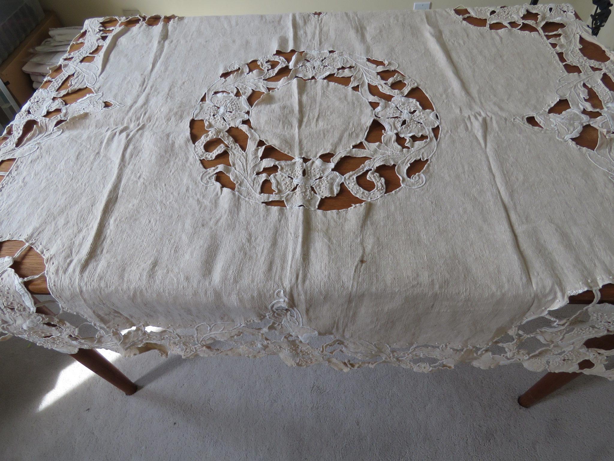 Antique Vintage French Linen Tan Linen Square Tablecloth Embroidered Cutwork 50" x 49" (L&T-141)