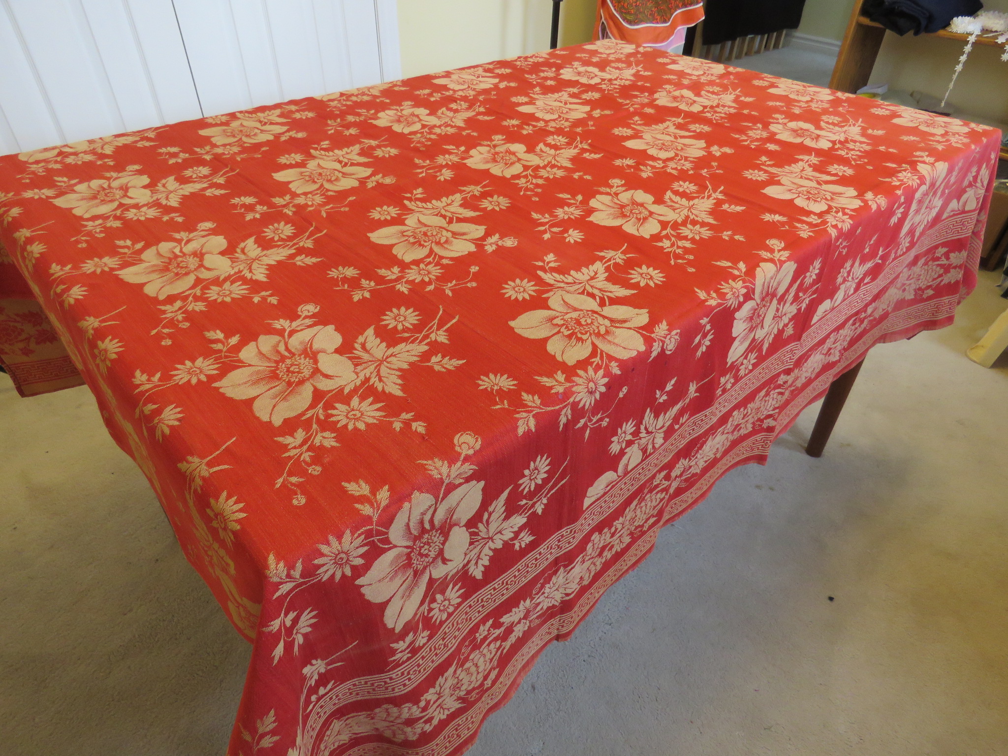 Antique Turkey Red Tablecloth Cotton Damask Reversible Flowers Floral Condition Issues   (L&T-145)