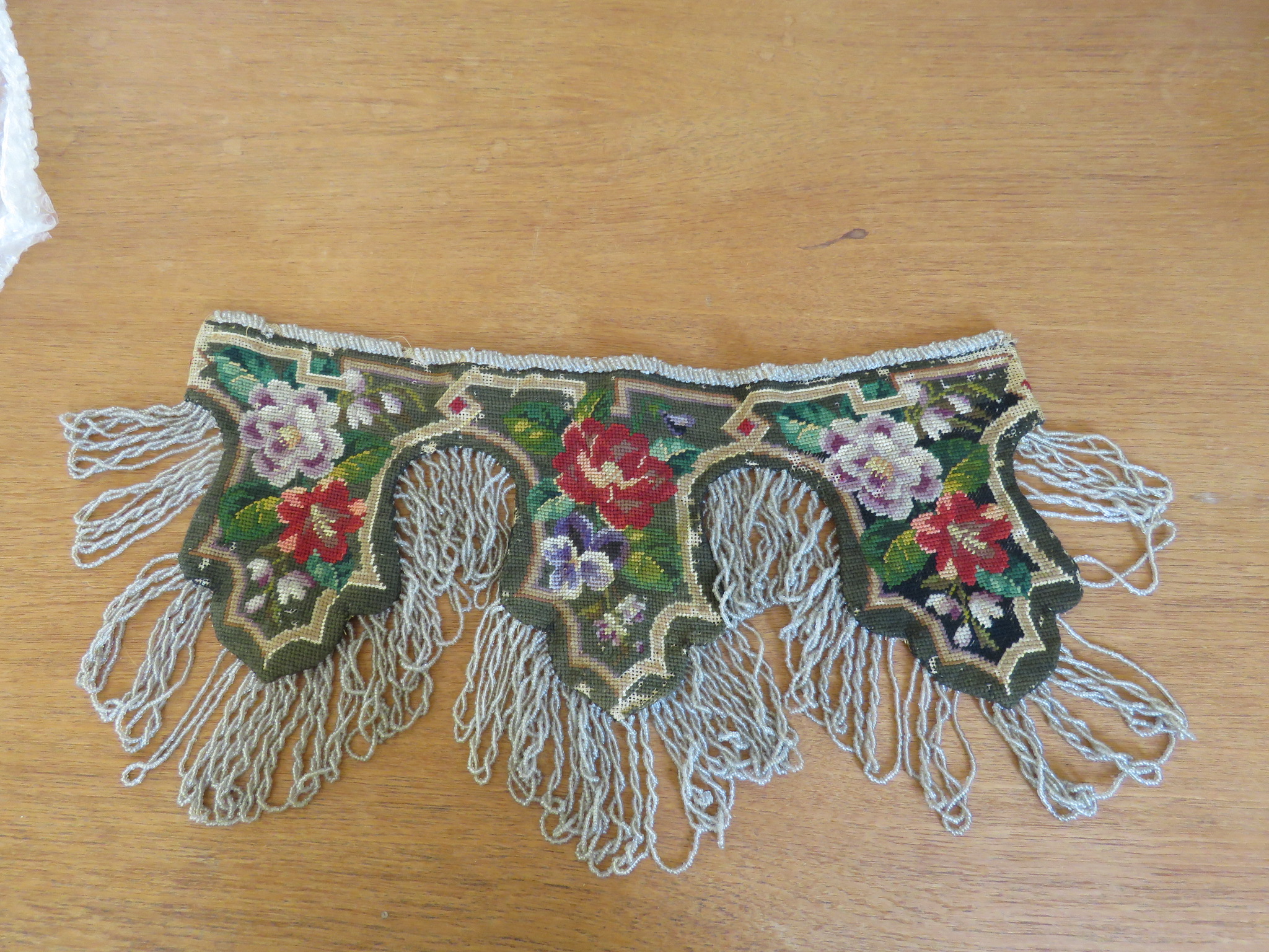 Antique Needlepoint Needlework Pelmet with Beaded Loops Fringe