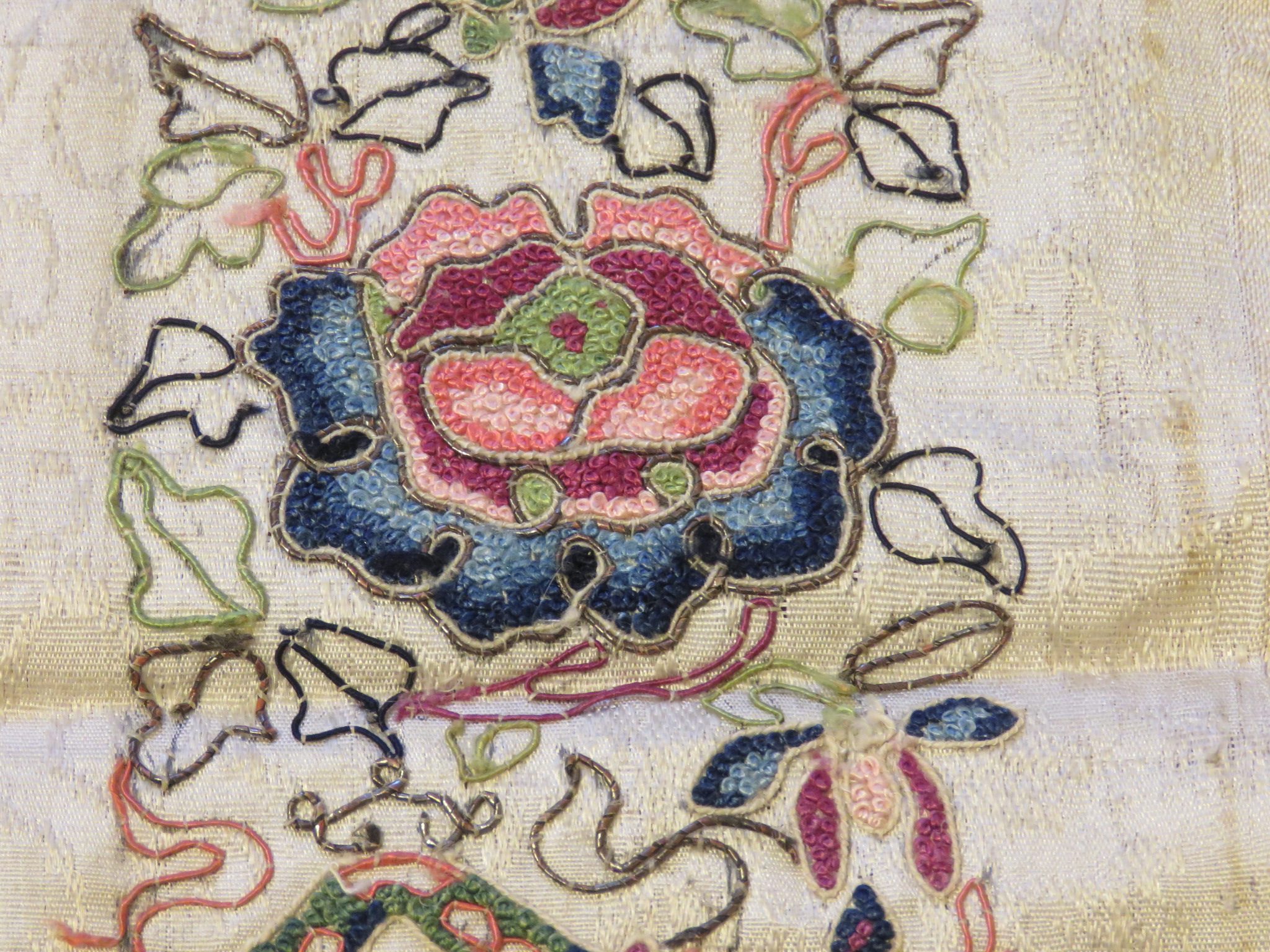 Antique Chinese Silk Sleeve Panel Embroidered Flower Forbidden Stitch (L&T-179)