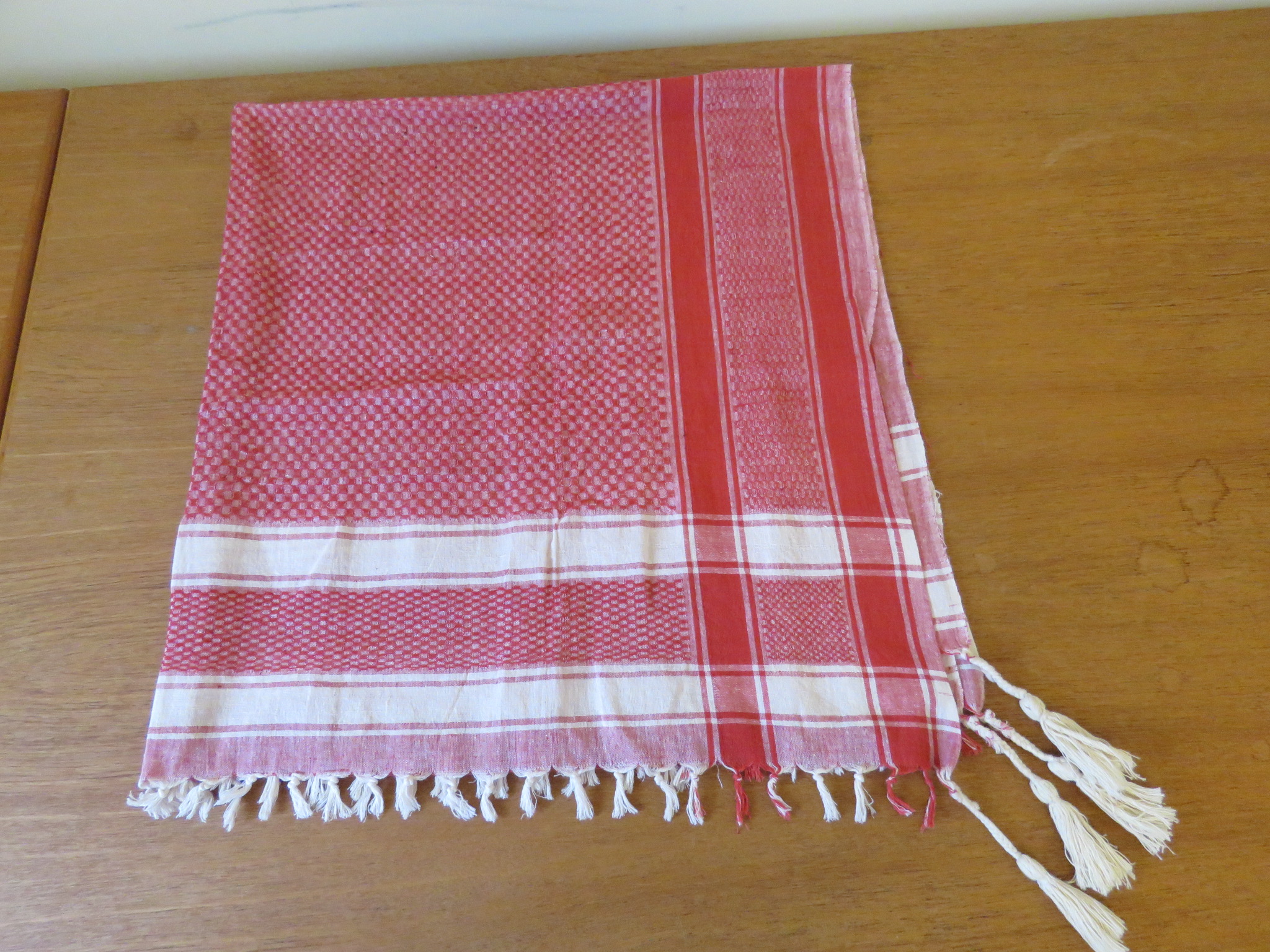 Antique Vintage Woven Tablecloth Red and White Fringe Tassels (L&T-184)