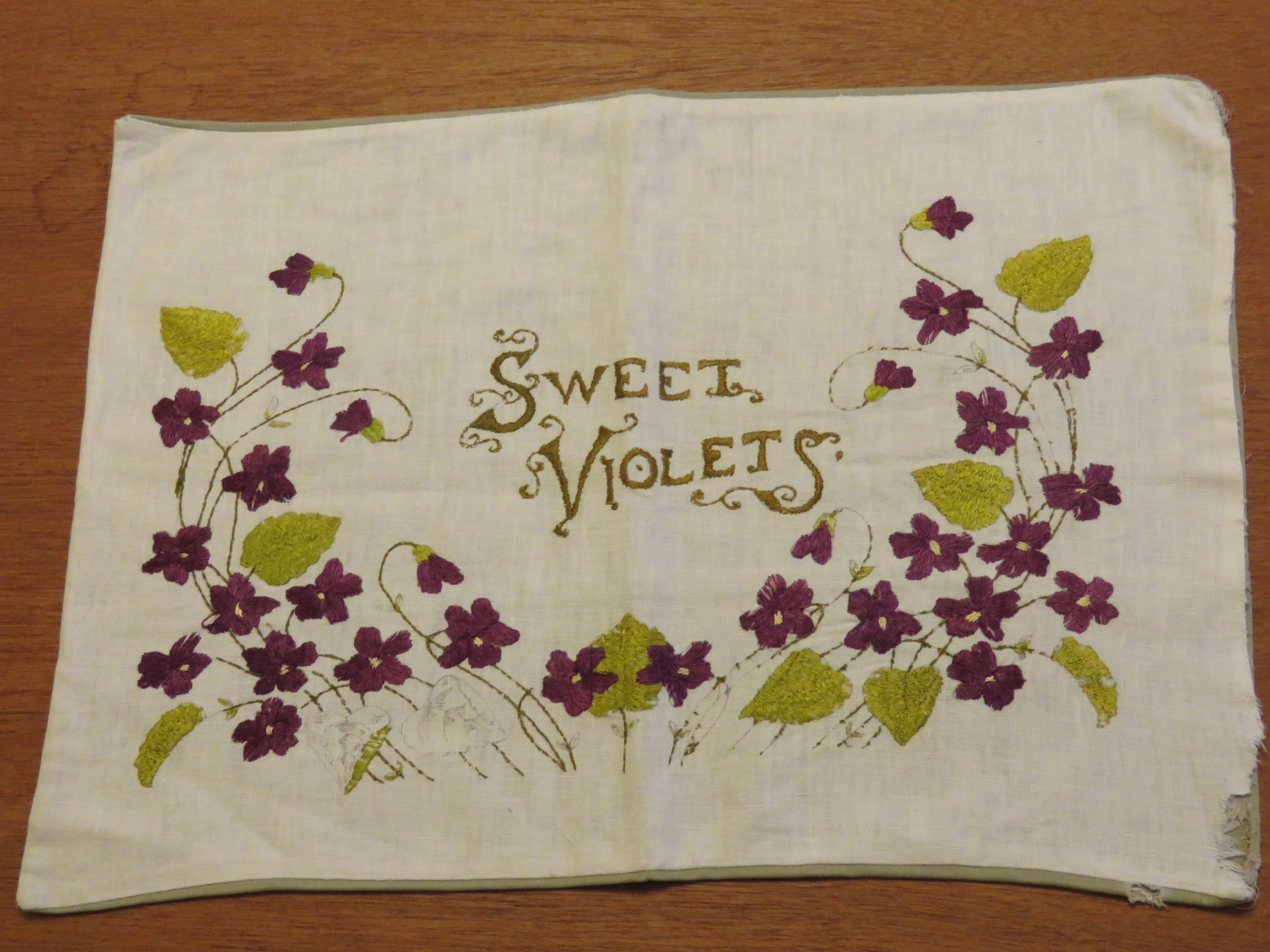 Antique Vintage Art & Crafts Pillow Cover Hand Embroidered Flowers Words "Sweet Violets"  (L&T-193)