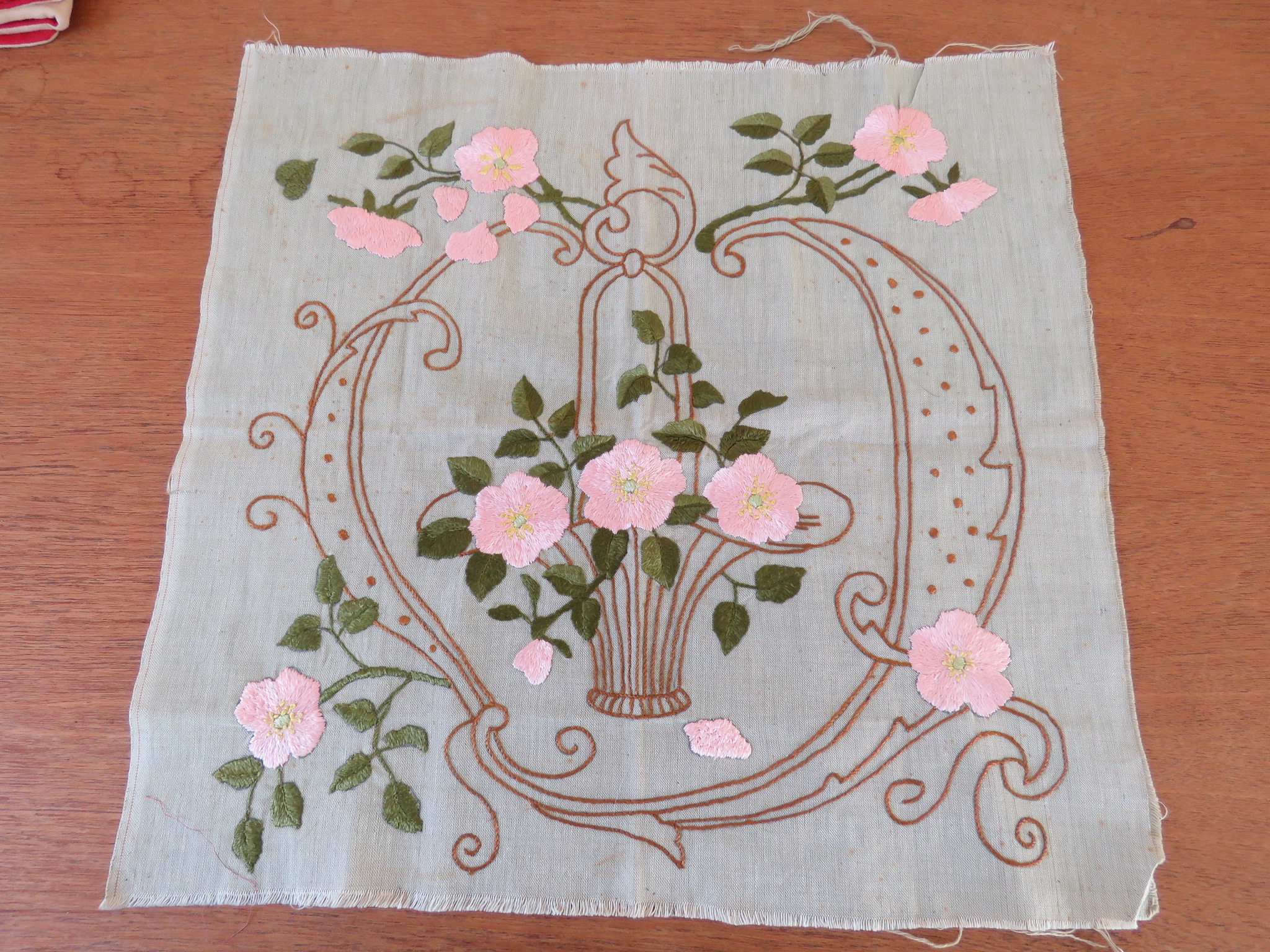 Vintage Pillow Top Front Hand Embroidered Art Nouveau Basket Pink Flowers Motif (L&T-194)