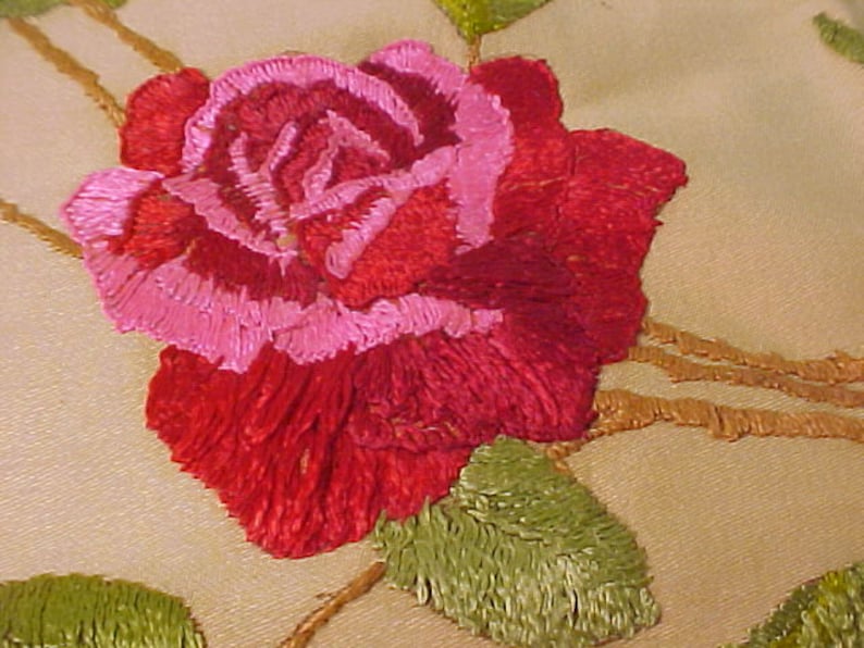 Vintage Pillow Top Front Art & Crafts Hand Embroidered Red Pink Roses Cotton (L&T-195)