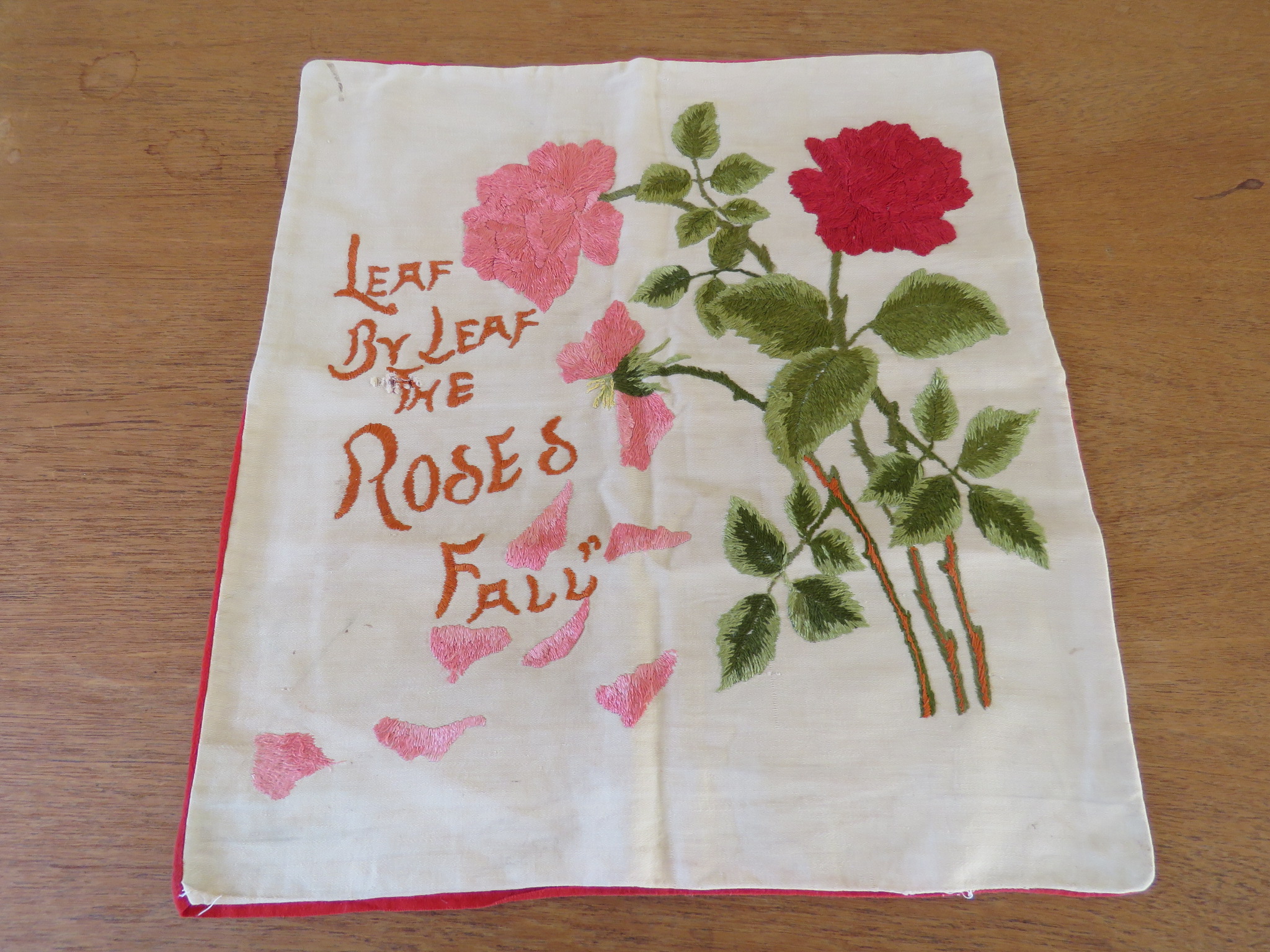 Antique Pillow Cover Hand Embroidered Pink Red Rose Leaf by Leaf the Roses Fall "condition issues"  (L&T-196)