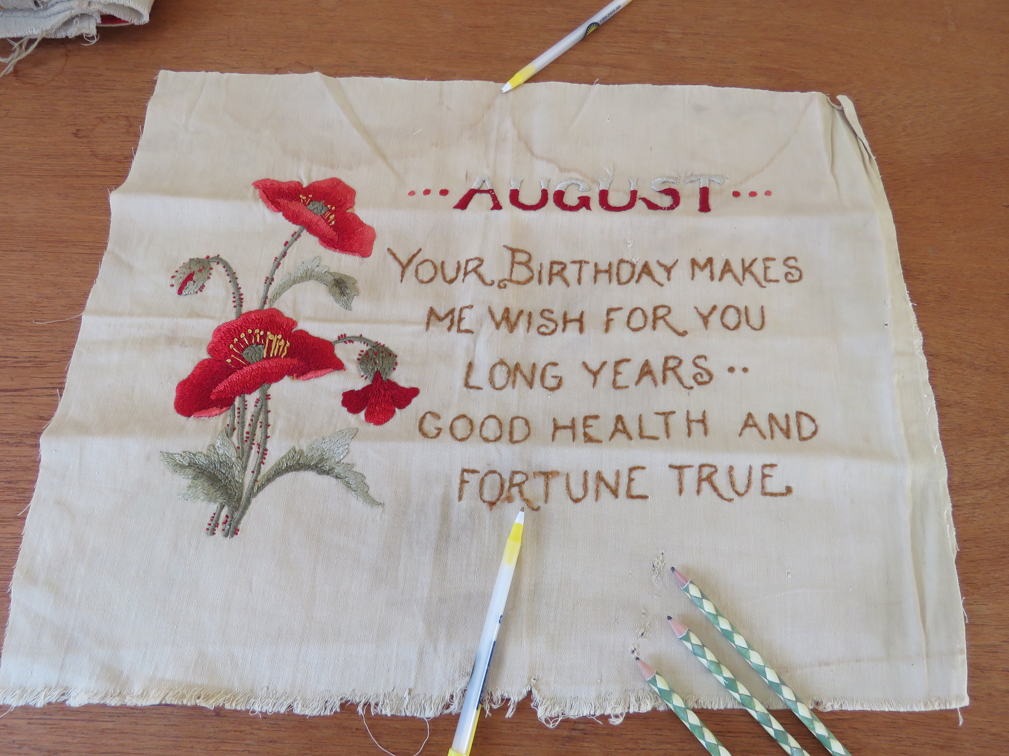 Vintage Pillow Top Front Hand Embroidered Poppies August Birthday "condition issues"  (L&T-197)