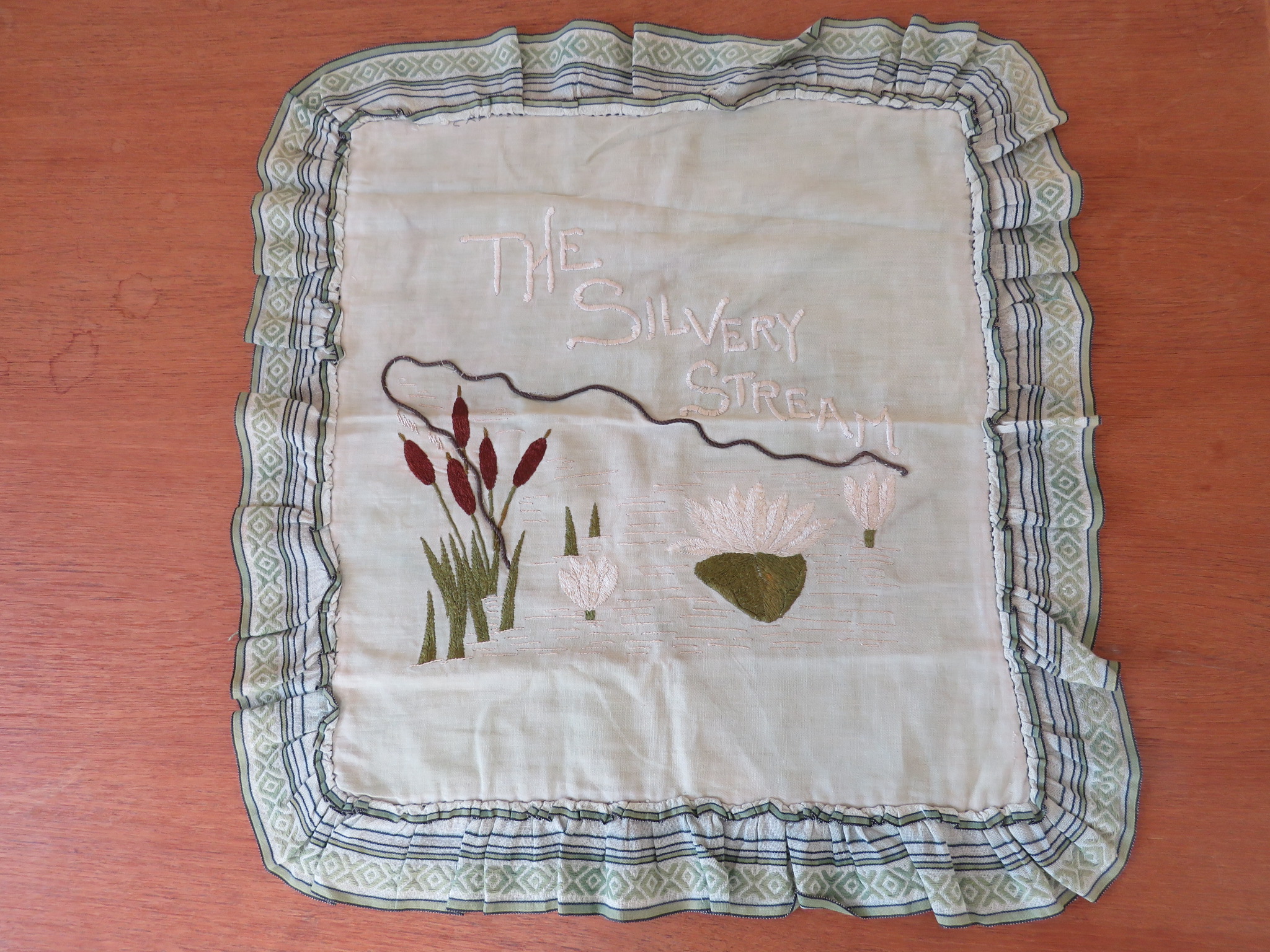 Antique Vintage Arts & Crafts Pillow Cover Linen Hand Embroidered The Silvery Stream Cat tails (L&T-202)