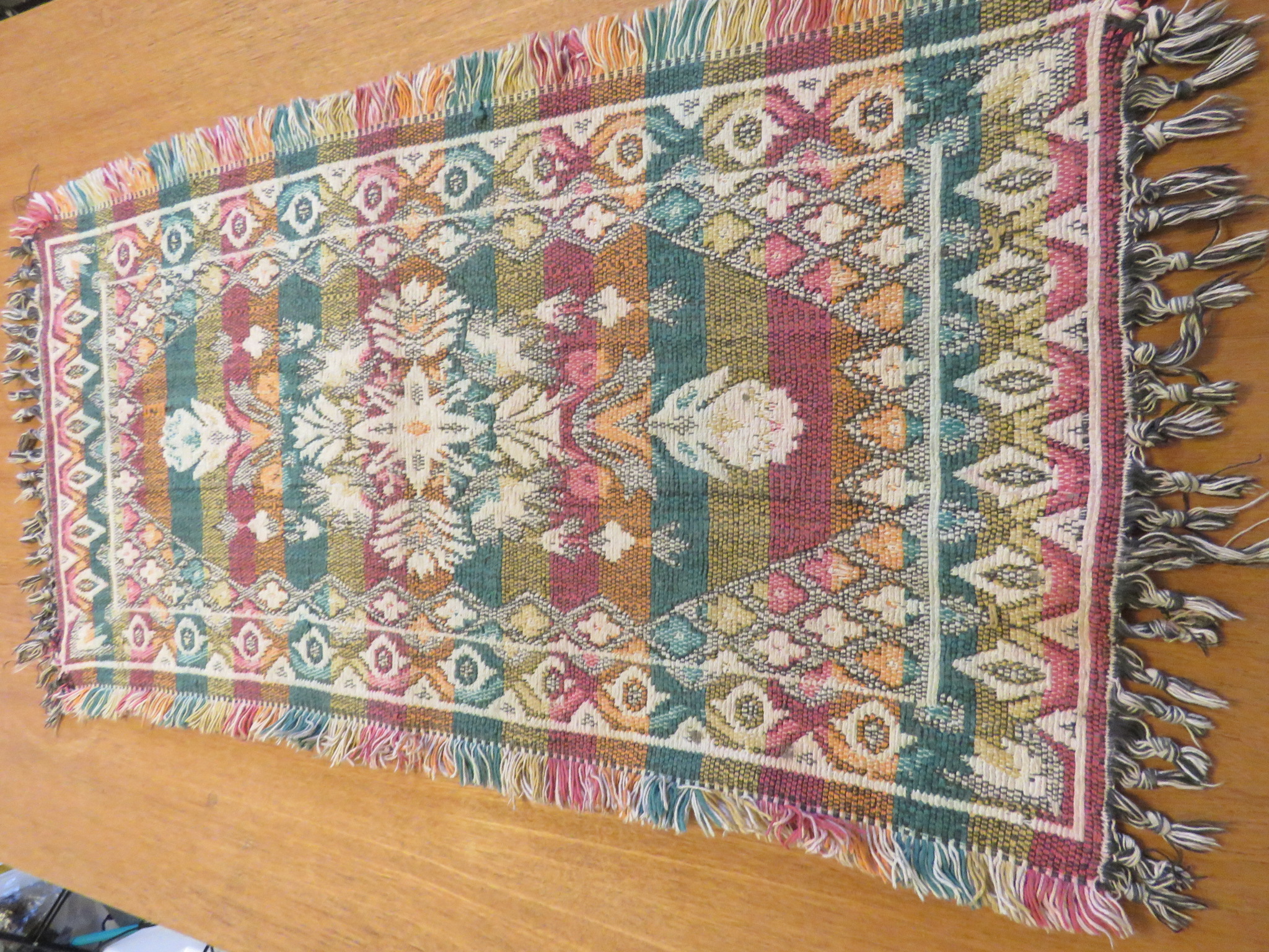 Antique Vintage Table Runner Fringe Reversible Hand Woven Tapestry (L&T-204)
