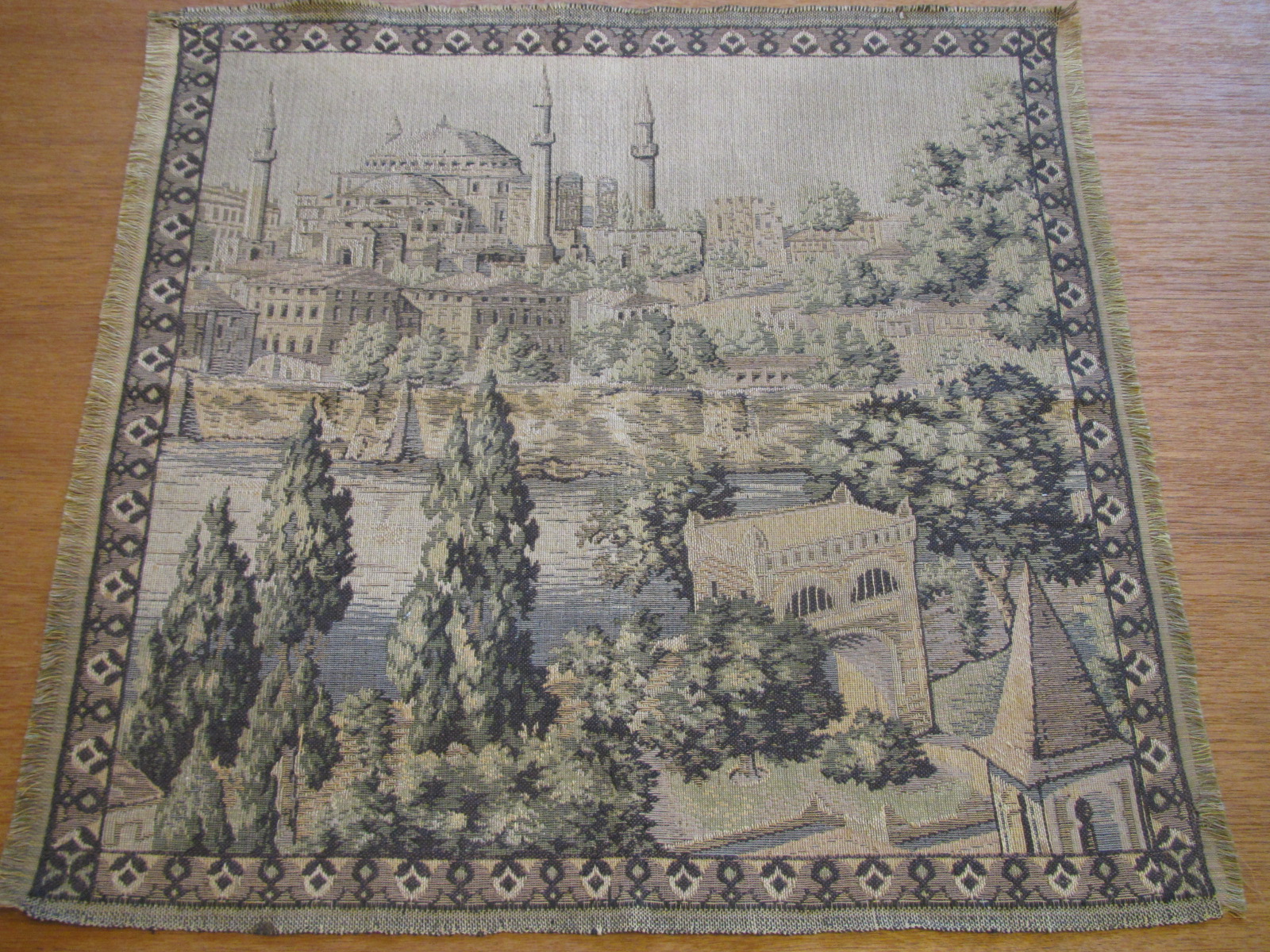 Vintage Tapestry Panel Buildings Church Architectural Scene (L&T-213)
