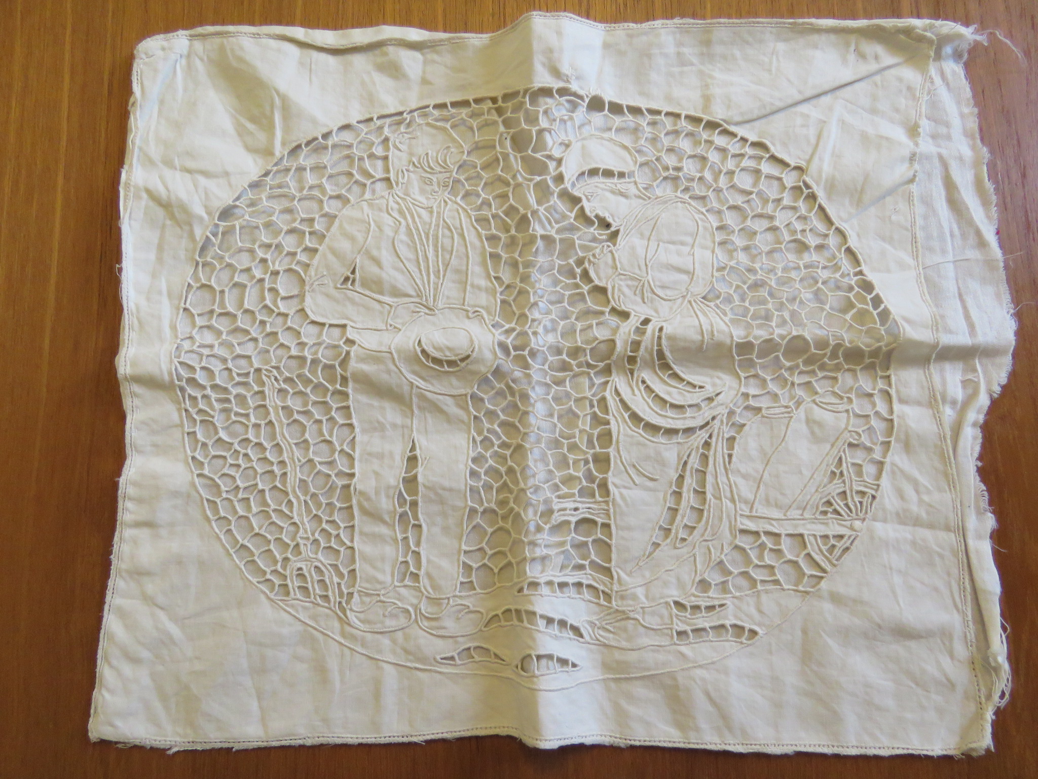 Antique Vintage Pillow Cover Figural Needlelace Mourning Man Woman Condition Issues  (L&T-216)