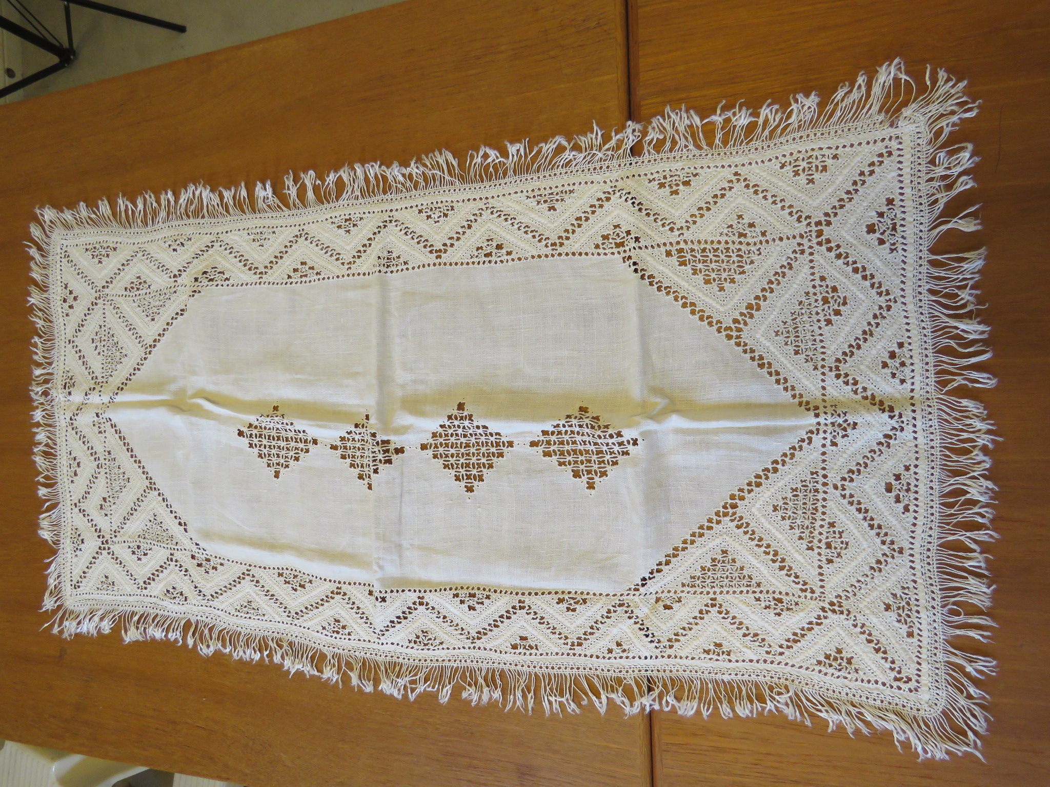  Antique Vintage Table Runner Cream Linen Italian Punto Artico Embroidered  (L&T-264)